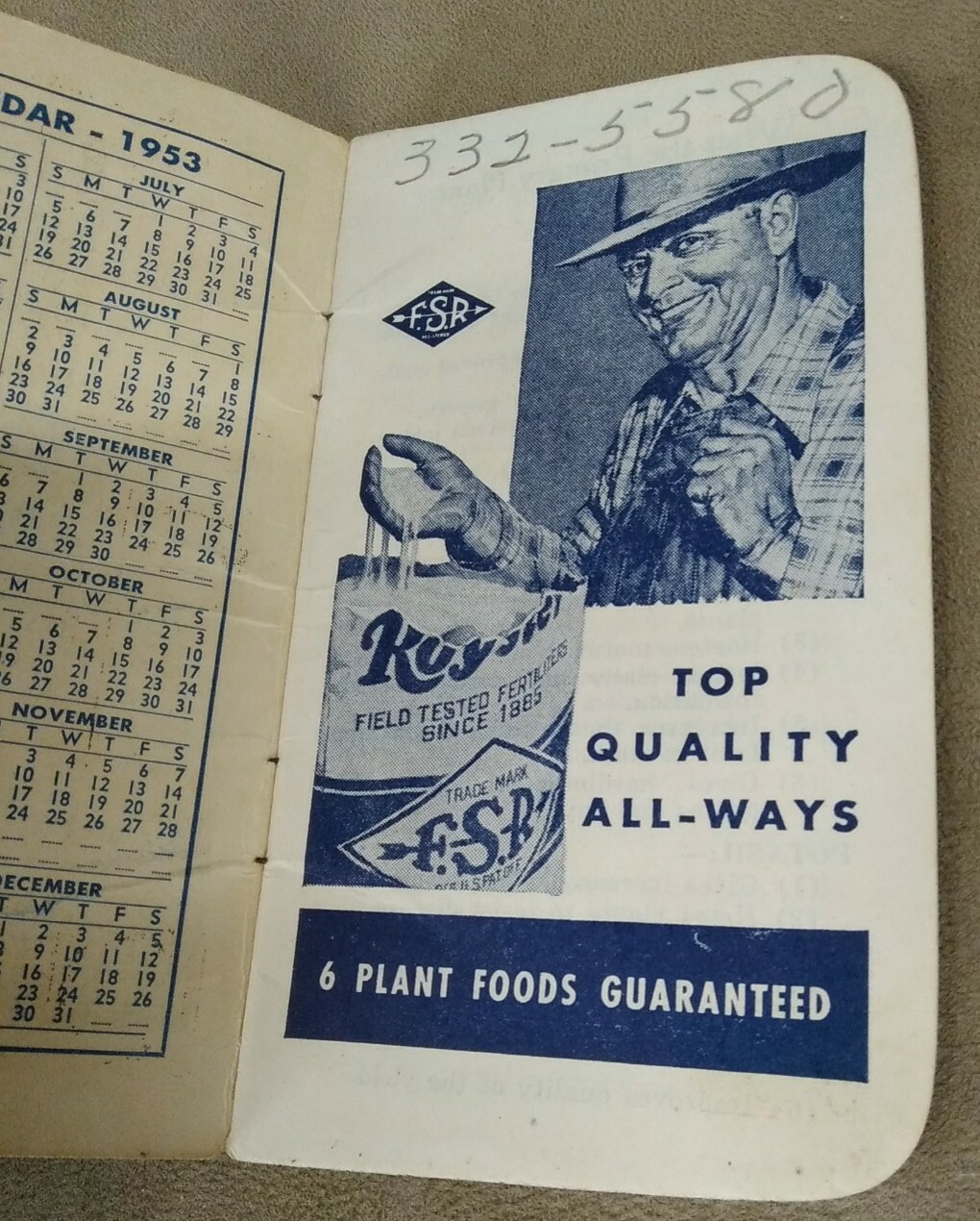 1953 F.S. Royster Guano Company Fertilizer Hand Book Conversion Chart Calendar