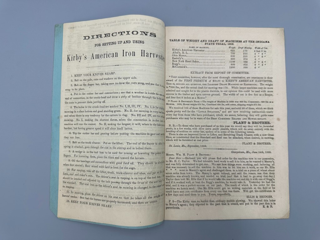 1859 KIRBY American Little Buffalo IRON HARVESTER Farm Advertising ST LOUIS