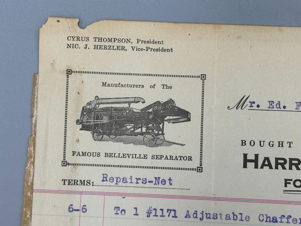 1928 BELLEVILLE THRESHER Harrison Machine Works Billhead FARM Advertising ILL