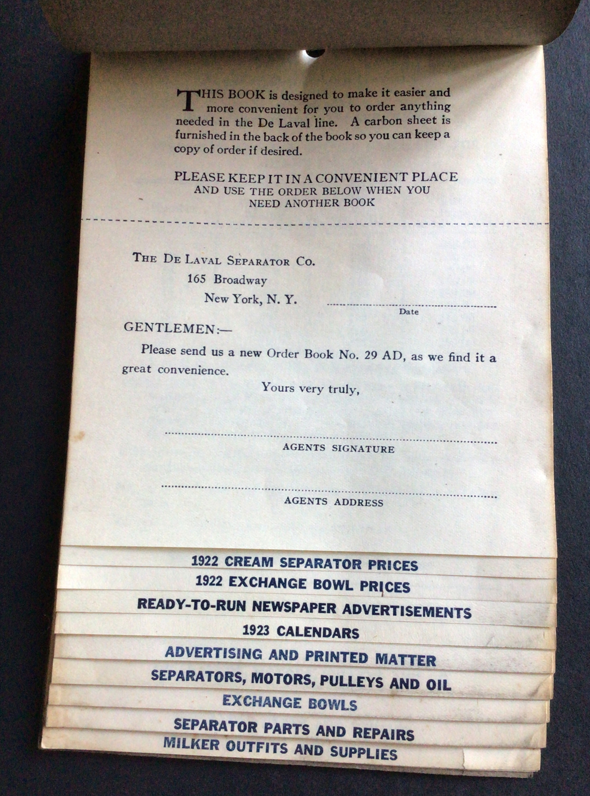 Vtg De Laval Separator co Agents Order Book & Price List