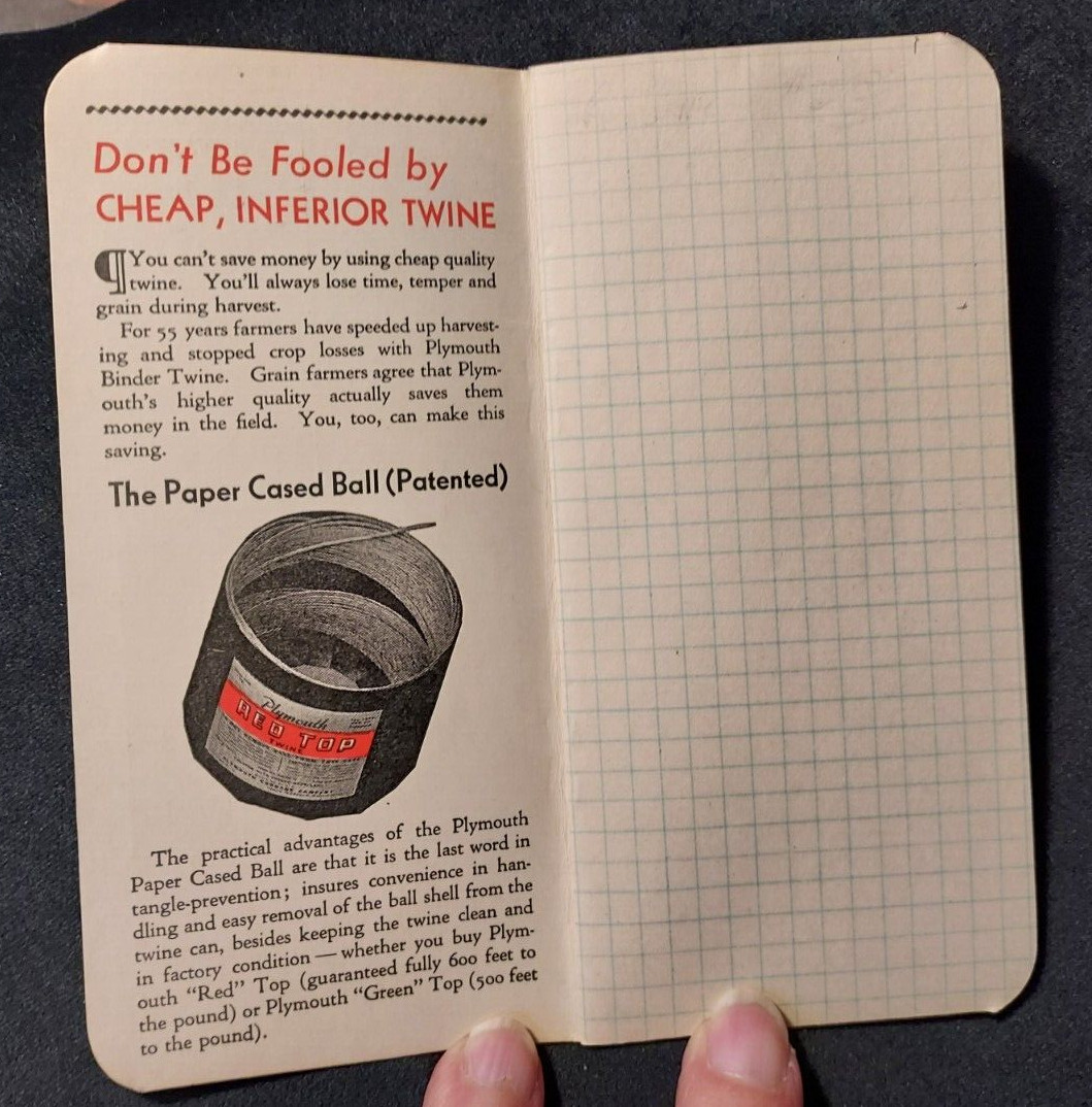 1941 Advertising Memorandum Pad Plymouth Binder Twine Plymouth Cordage Rope