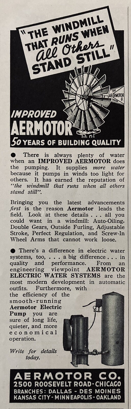 1938 AD.(XH69)~AERMOTOR CO. CHICAGO. AUTO-OILING WINDMILL WATER SYSTEMS