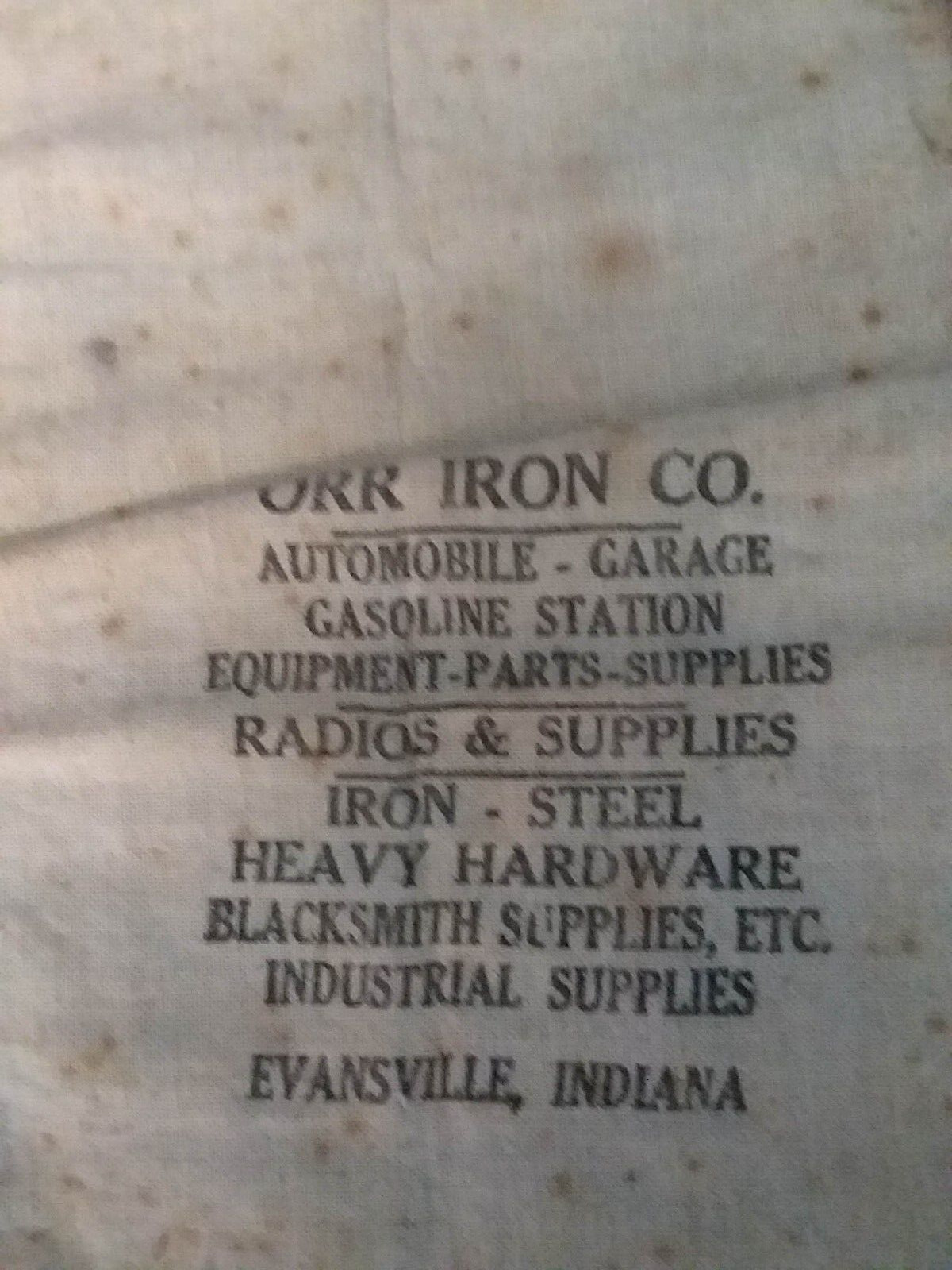 Vintage Evansville Indiana Cloth Bag Orr Iron Co Blacksmith Gas Auto Advertising