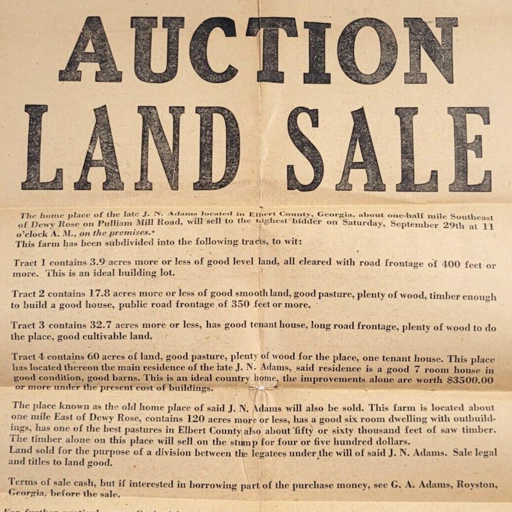 c.1900 Farm Auction Land Sale Flyer Broadside Elbert Co. Royston GA JN Adams