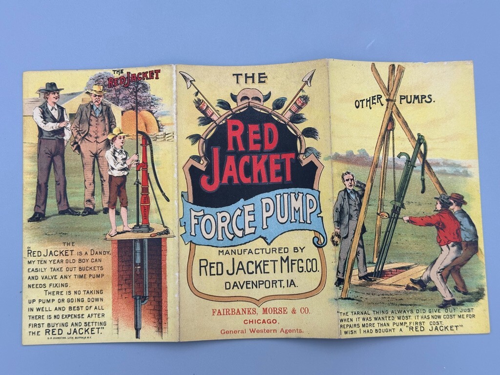 1880s RED JACKET FORCE PUMP Fairbanks Morse Farm Advertise Trade Card DAVENPORT