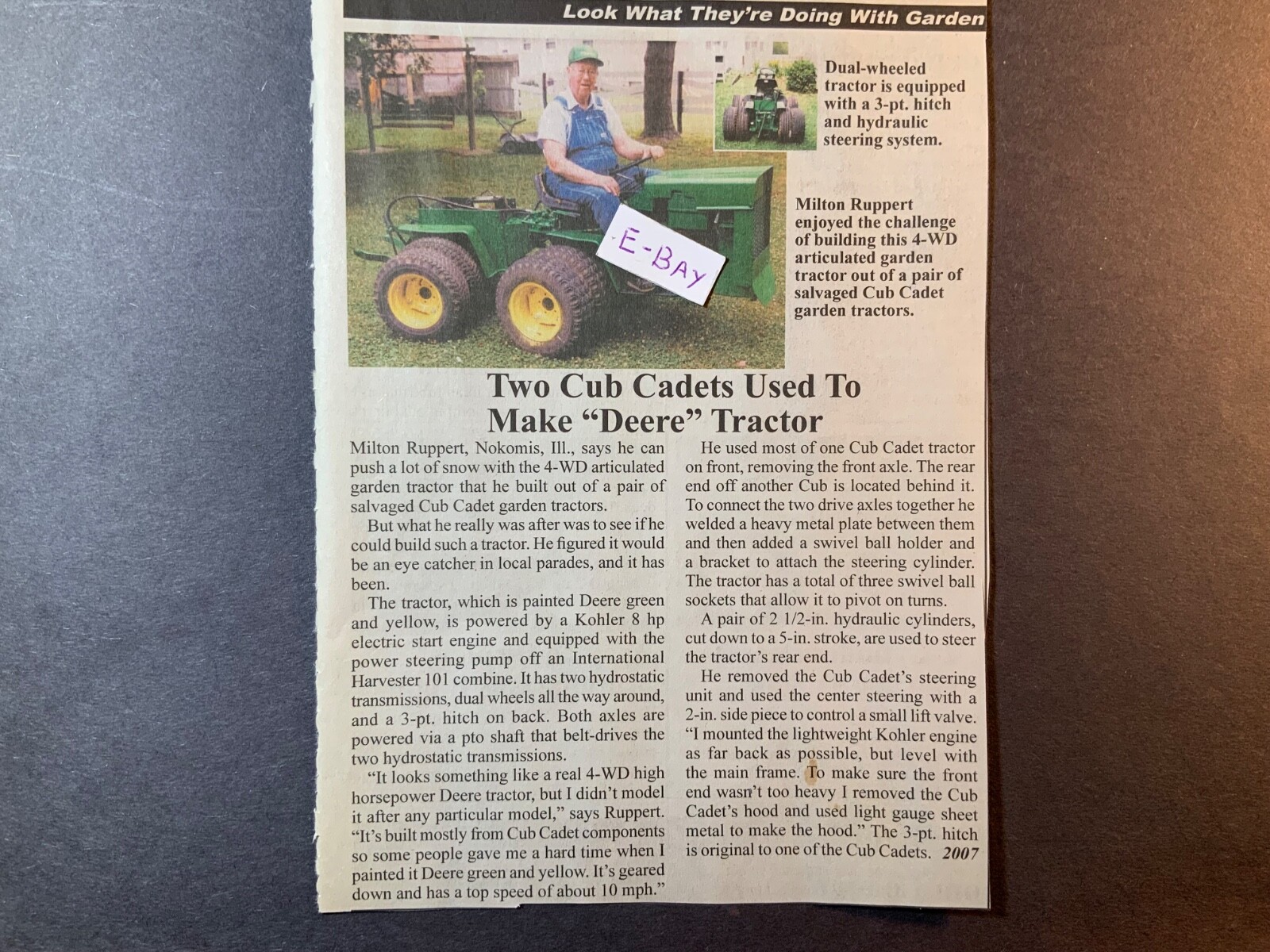 2007 Magazine Article. Milto Ruppert. Nokomis, ILLINOIS. Cub Cadet Tractor
