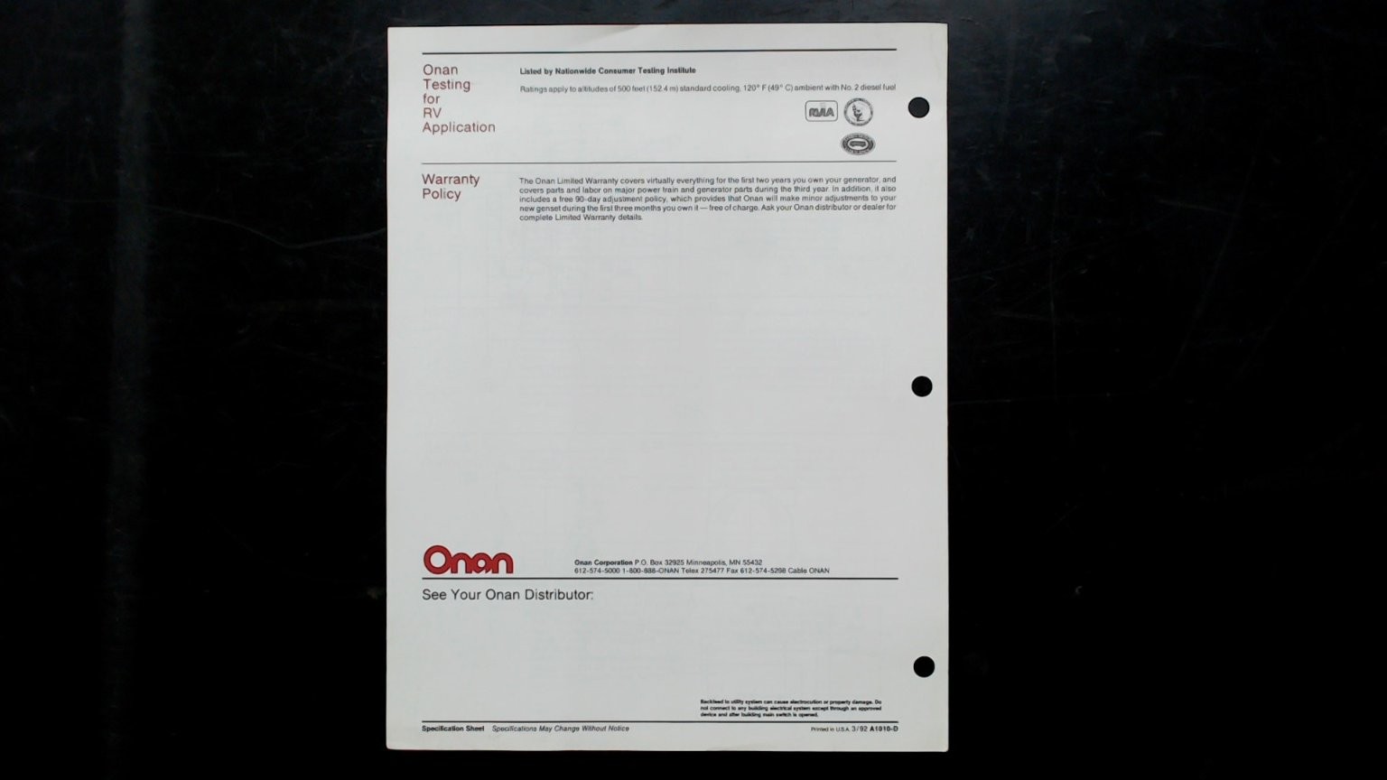 Onan 8.0 kW Diesel GenSet Brochure 1992 RV Generator Specs
