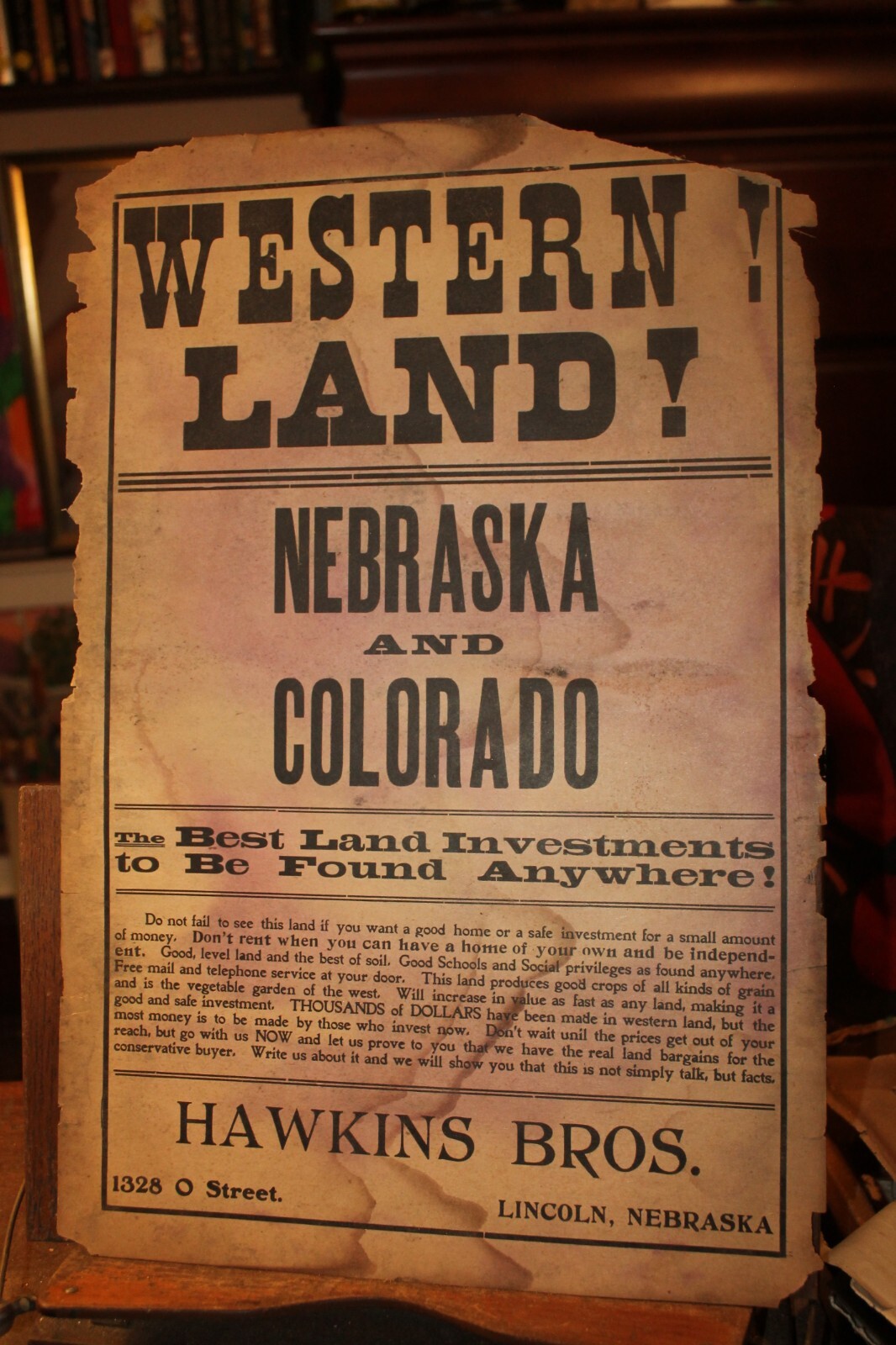 Antique Western Land Sale Handbill Poster Hawkins Bros Lincoln Nebraska Colorado