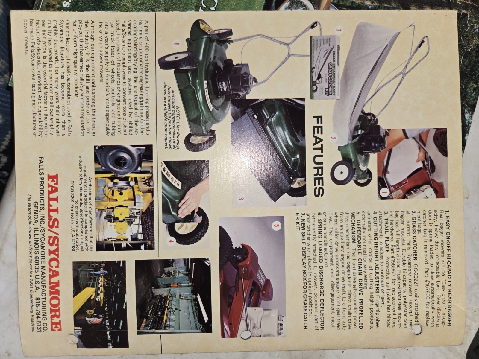 LOT OF 9 70S AND 80S FALLS SYCAMORE LAWN MOWER DEALER COLOR BROCHURES 1976-1986