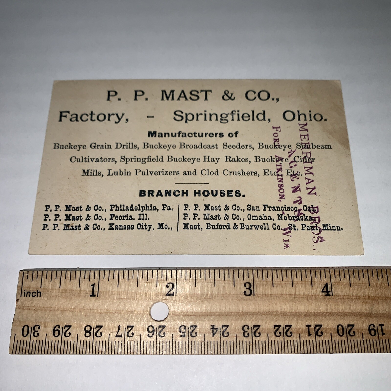Vintage Advertising Card P.P. Mast & Co Farming Equipment Fort Atkinson Stamp