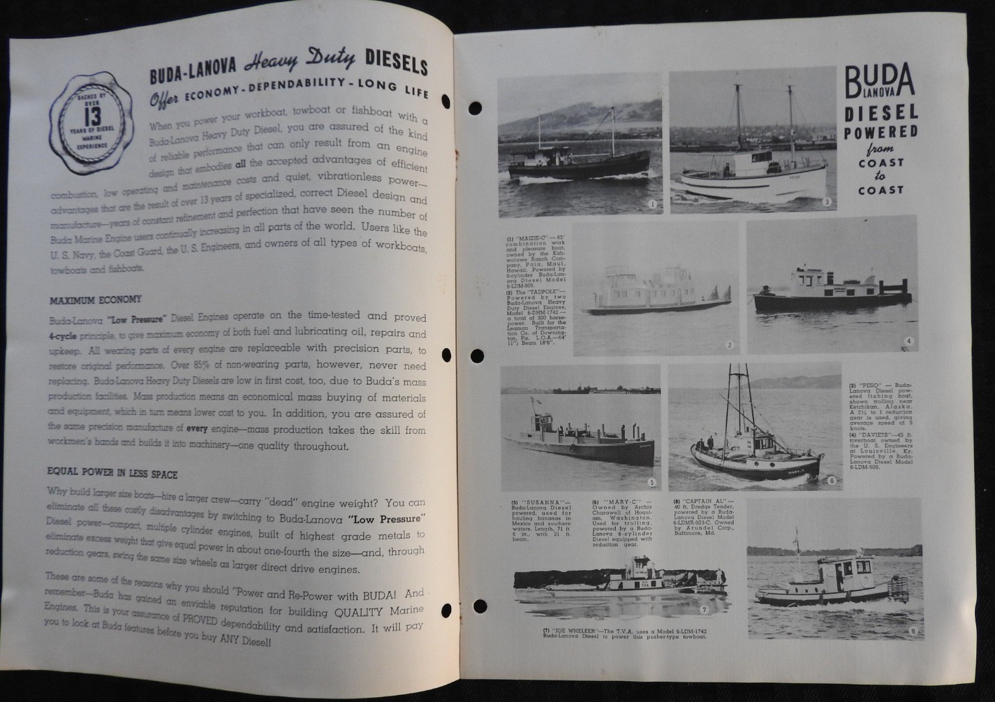 1940 « Buda Lanova Heavy-Duty Marine Diesel Engines » Work-Tow-Fish Boat Brochure