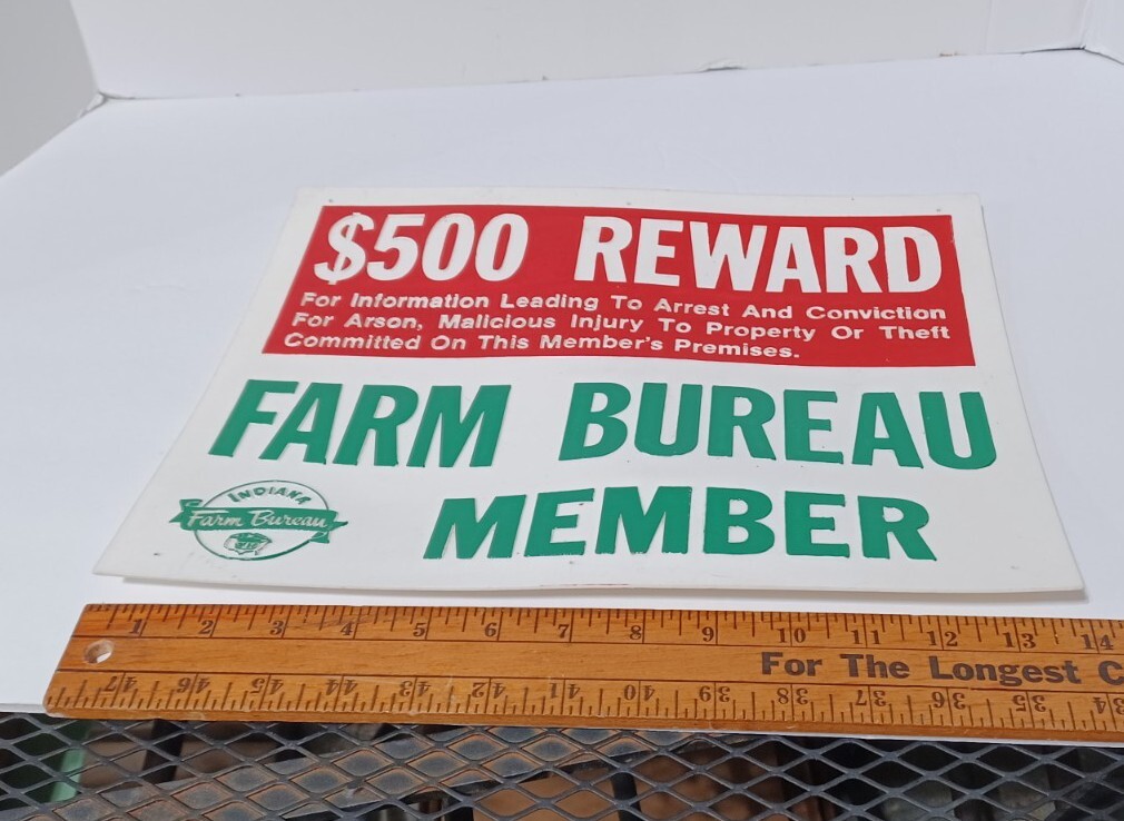 Vintage Indiana Farm Bureau Member Sign $500 Fine Plastic