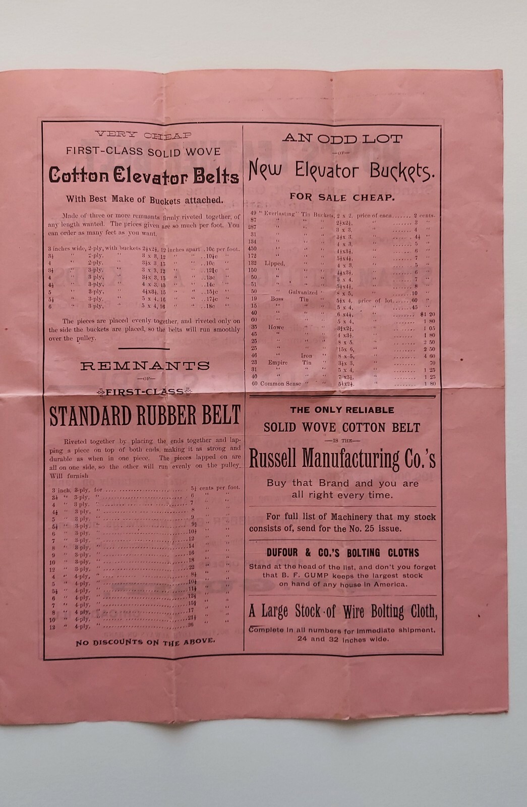 1884 B.F. GUMP Advertising Sole Agents Chicago For DUFOUR & CO&rsquo;S BOLTING CLOTHS