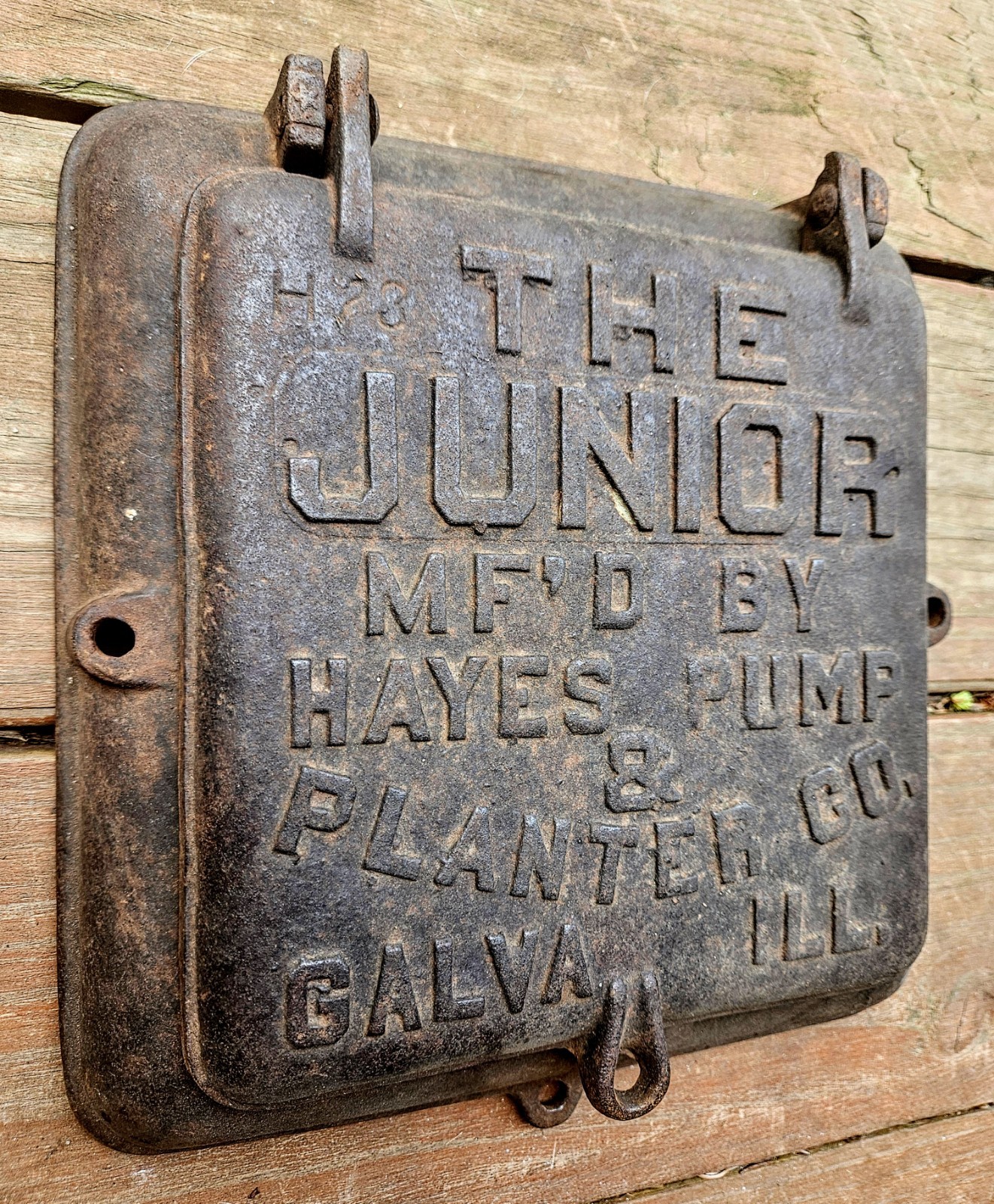 The Junior Hayes Pump Planter Cast Iron Lid for Corn Box Galva Illinois Vintage