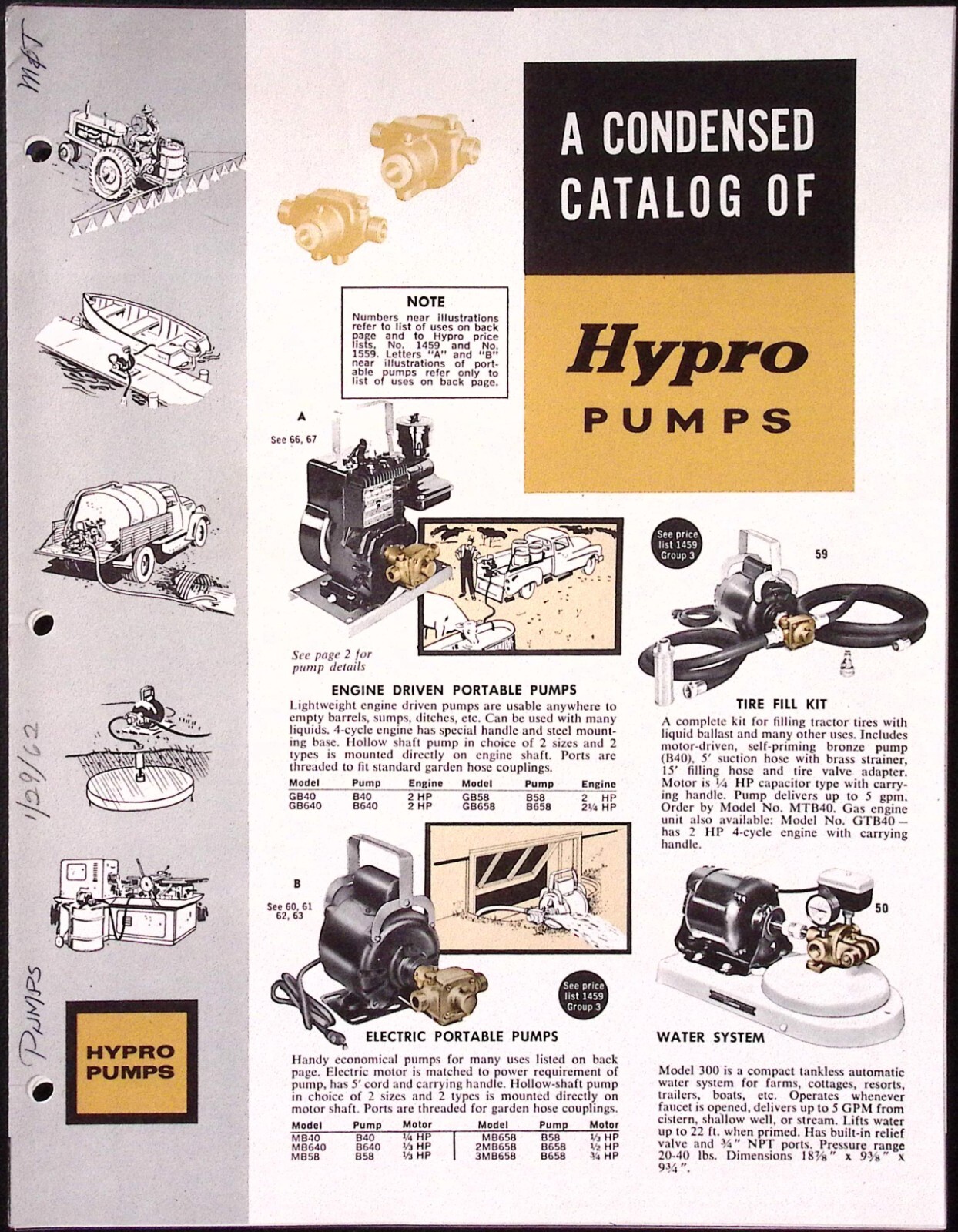 1962 Hypro Pumps Condensed Catalog Electric Engine Driven Water System Tire Fill