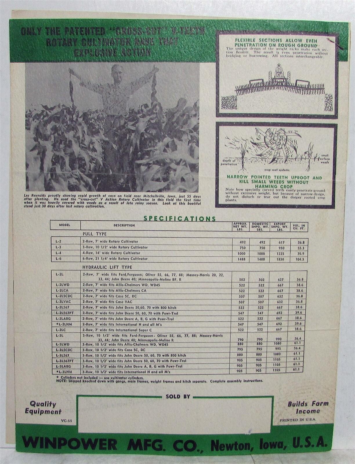 1955 WinPower Challenger Rotary Cultivator Specs Dealer Letter & Sales Brochure