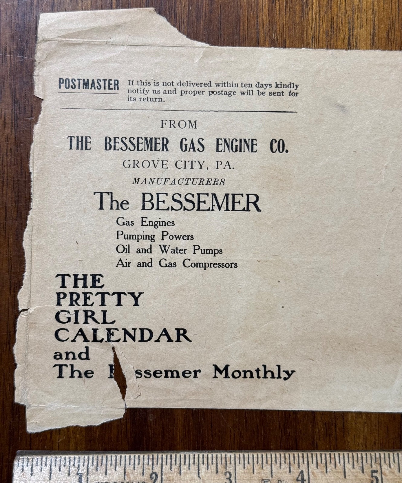Vtg paper cover wrap Bessemer Gas Engine Co Pretty Girl Calendar Grove City PA