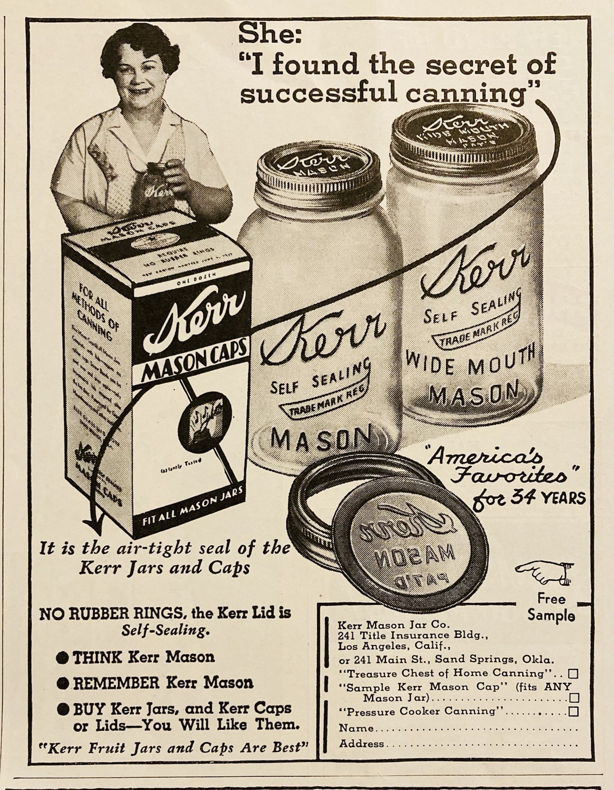 1936 AD.(XH84)~KERR MASON JAR CO. KERR SELF SEALING MASON JAR CAPS