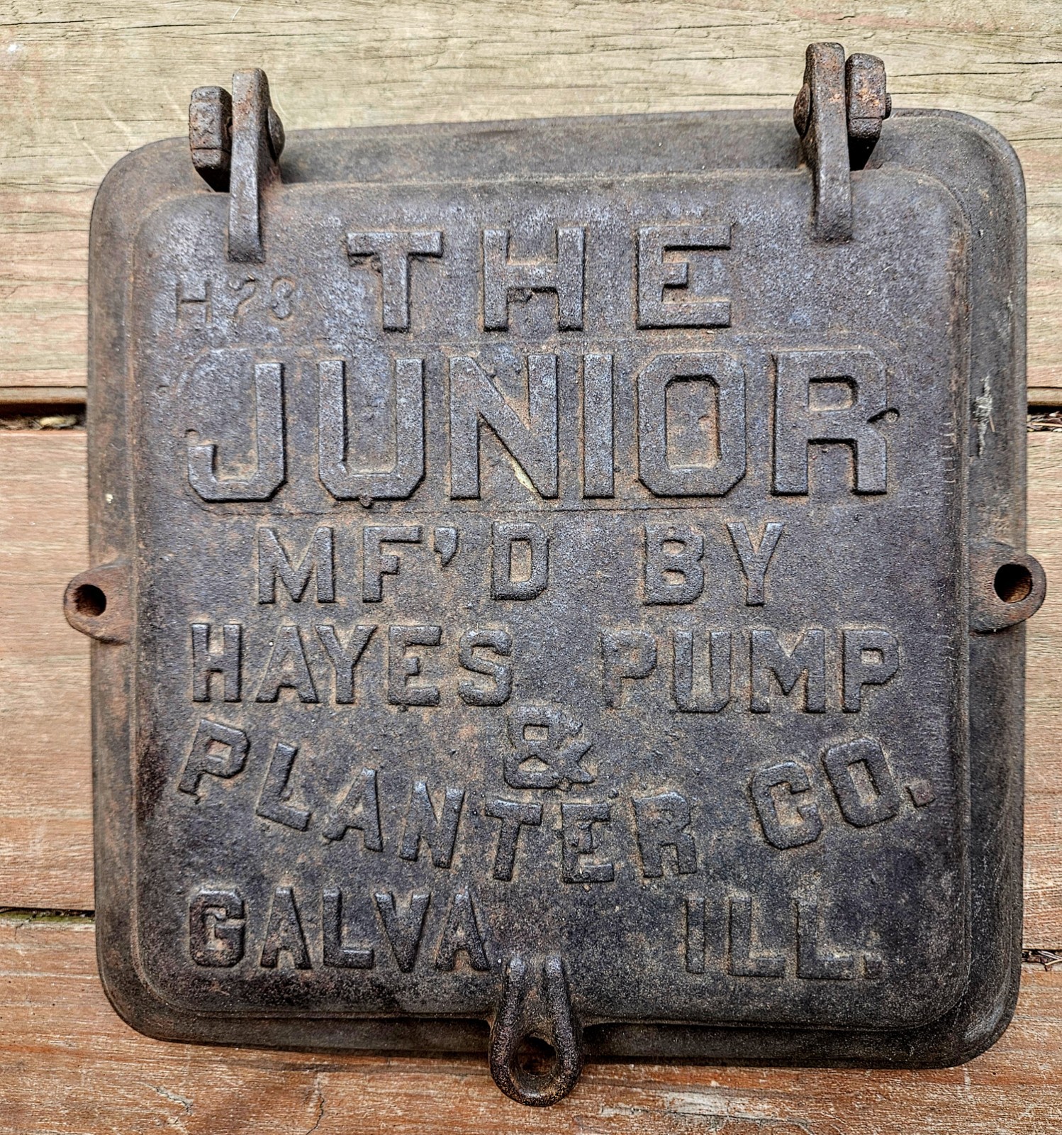 The Junior Hayes Pump Planter Cast Iron Lid for Corn Box Galva Illinois Vintage