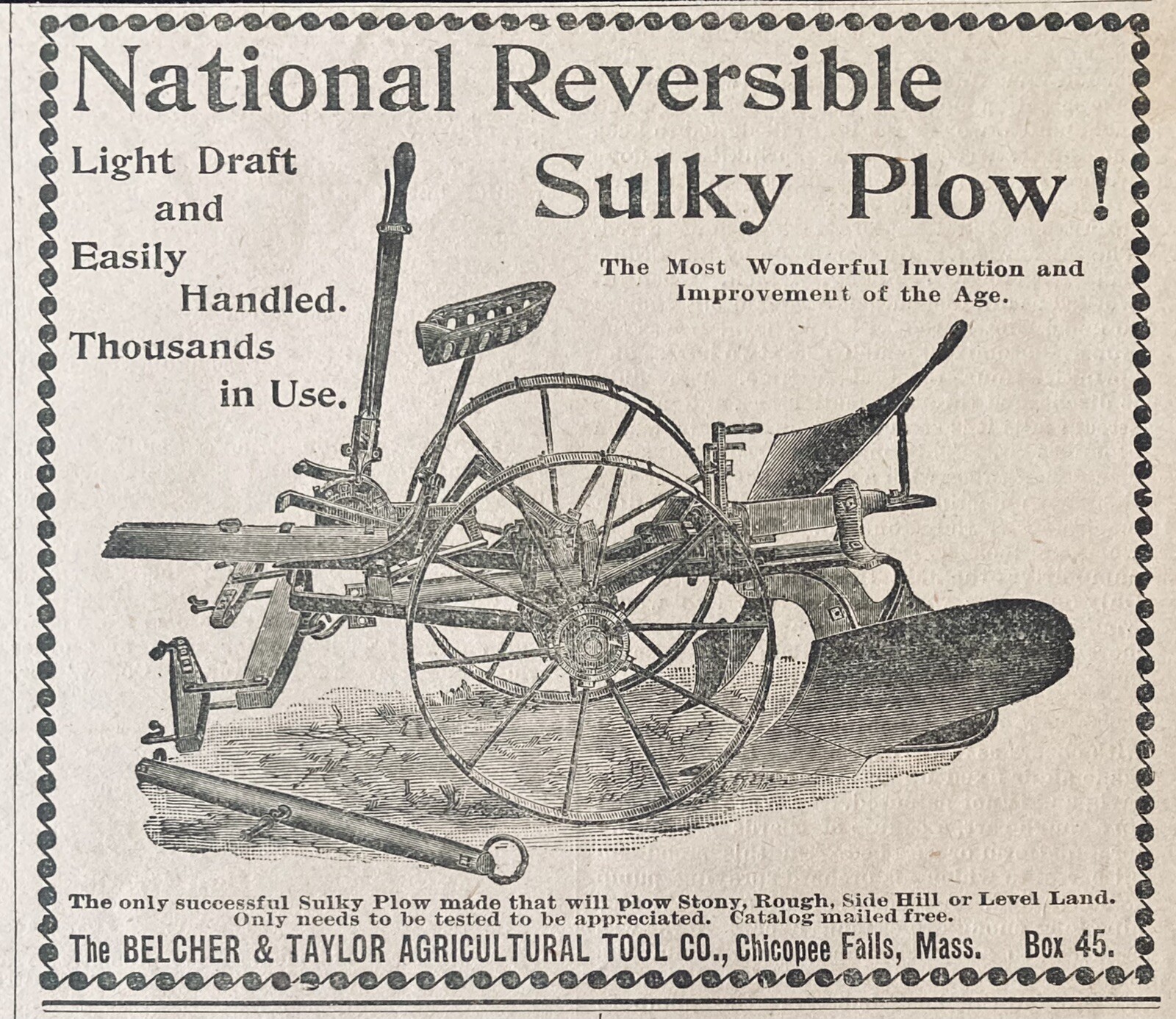 1896 AD.(XH45)~BELCHER & TAYLOR AG. TOOL CO. CHICOPEE FALLS. SULKY PLOW