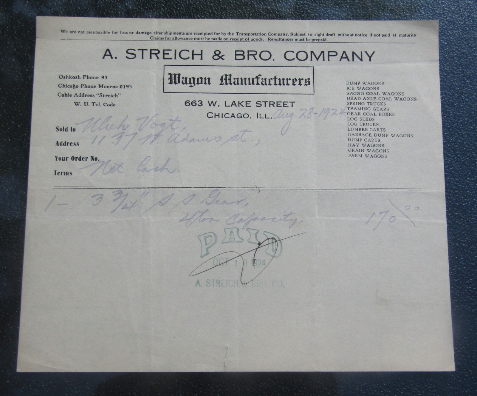 1924 A. Streich & Bro. Company WAGON MANUFACTURES Chicago Illinois Receipt Look