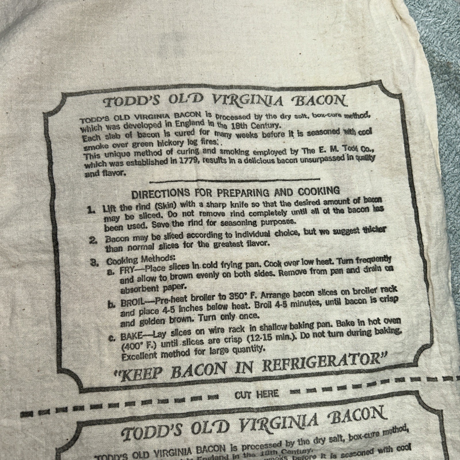 Vintage E.M. Todd CO. Inc Old Virginia Bacon Cover With Cooking Instructions