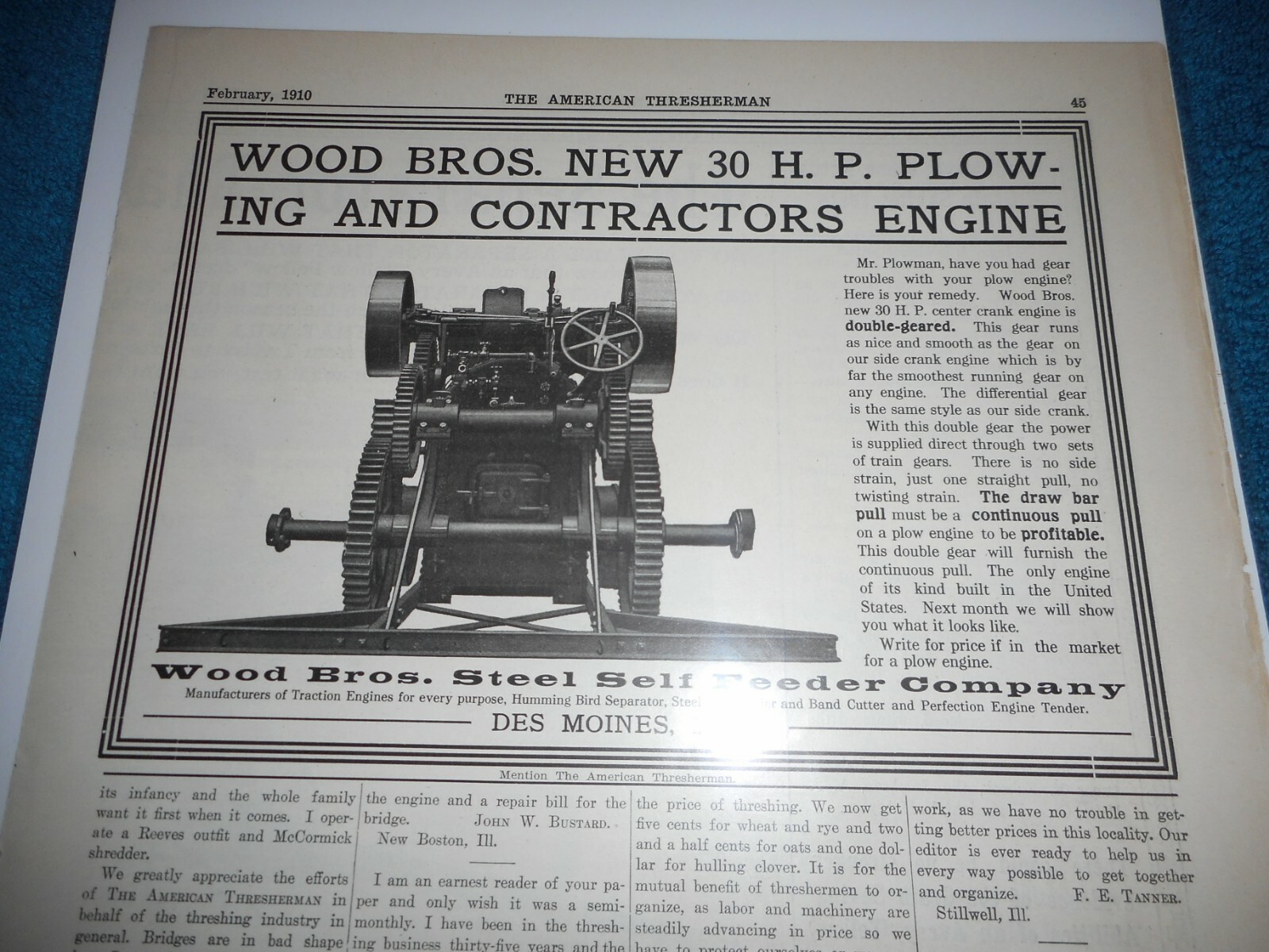 Wood Brothers Steel Self Feeder Co 1910 Advertisement: 30 HP Plowing Engine