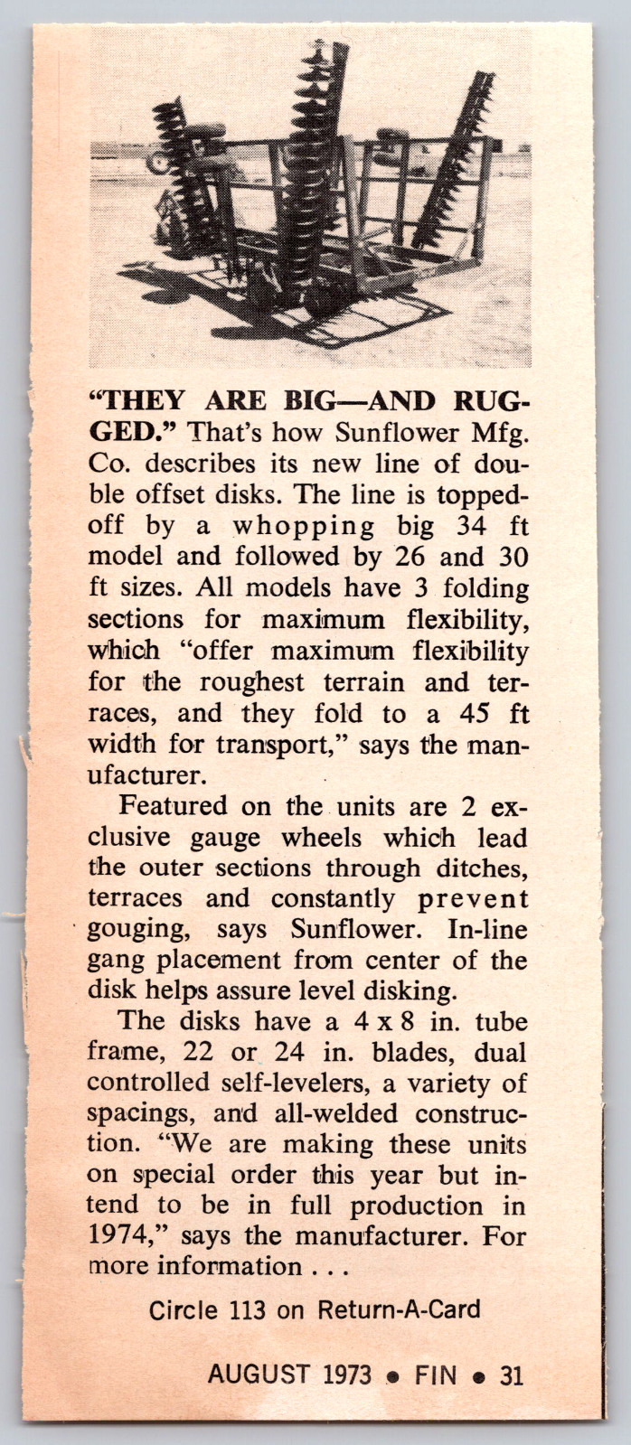 1973 Print Ad Sunflower Mfg Double Offset Disks