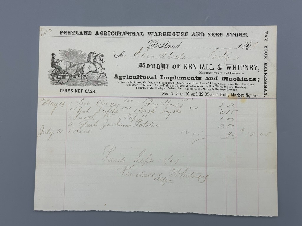 1867 Kendall & Whitney FARM Advertising PORTLAND MAINE Illustrated Invoice