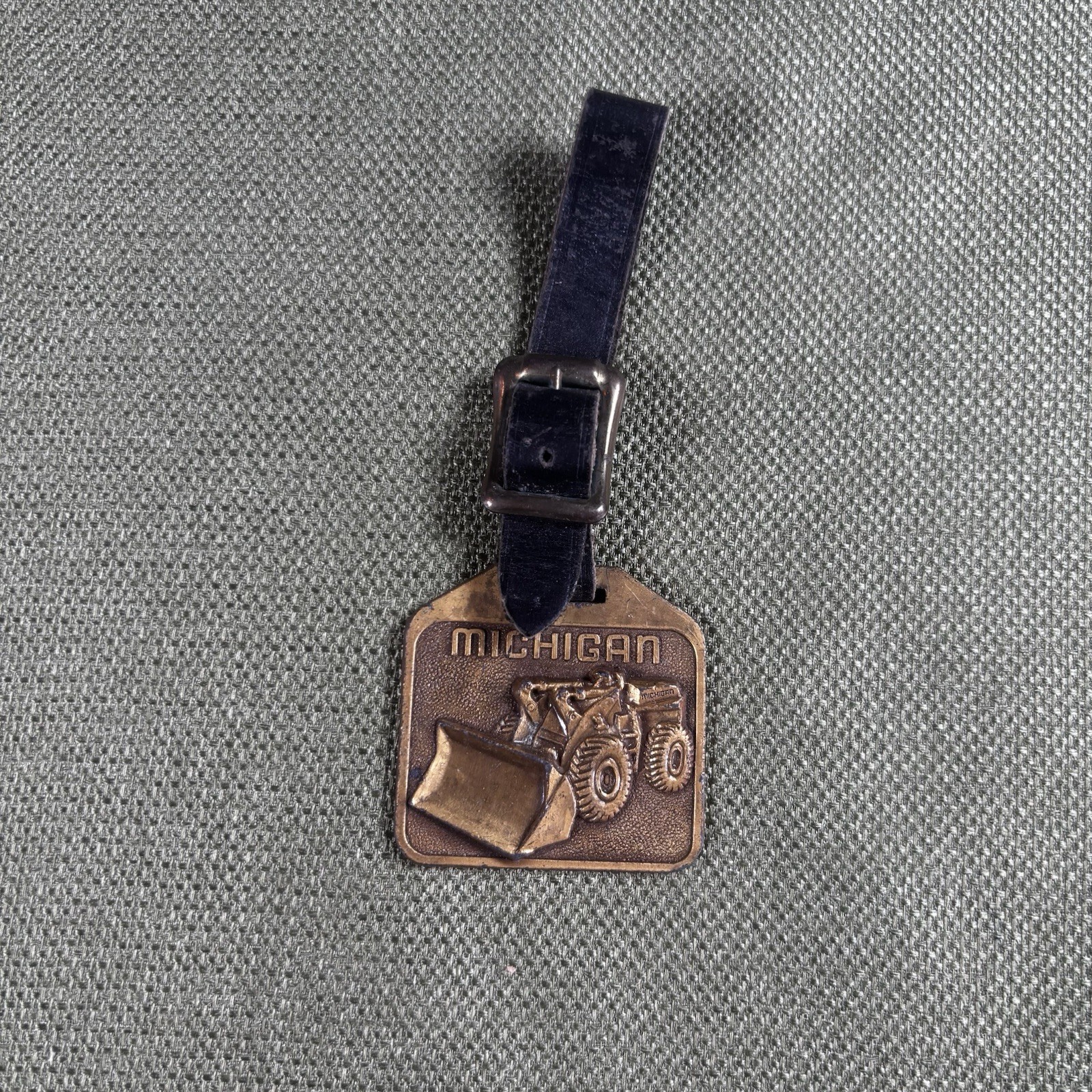 Vintage Michigan Tractor Loader Brass Key Fob Tag Brown Farm Ag Equipment