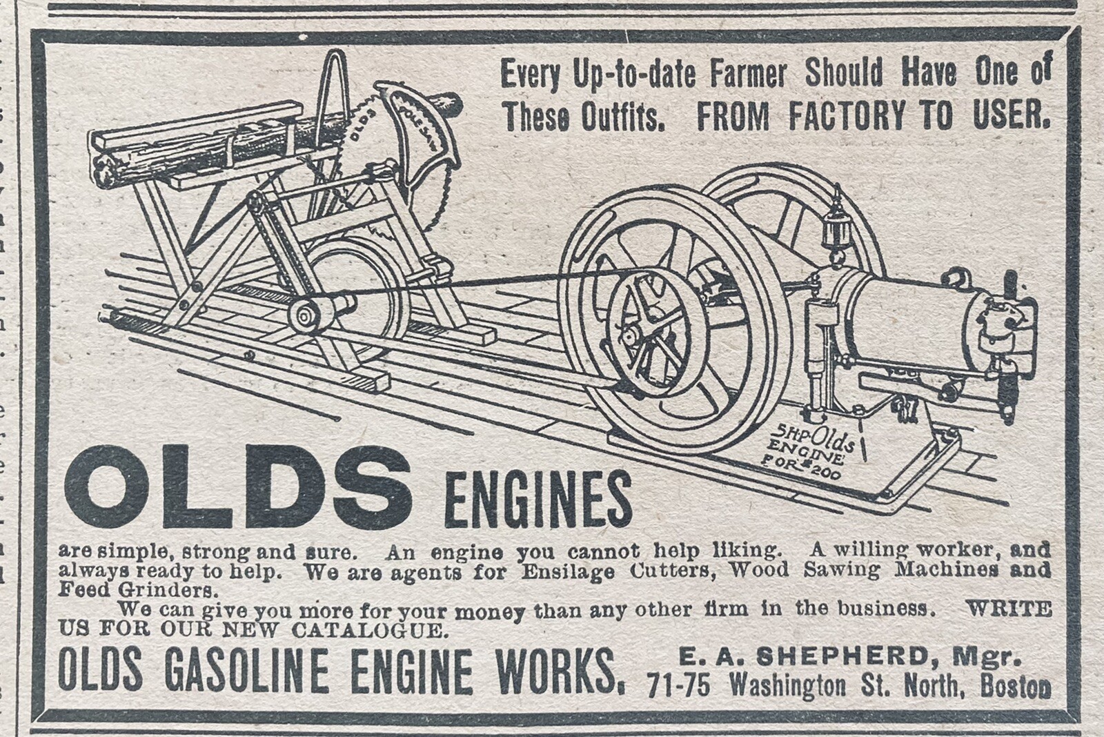 1905 AD.(XH42)~OLDS GASOLINE ENGINE WORKS, OLDS SAW OUTFIT ENGINES