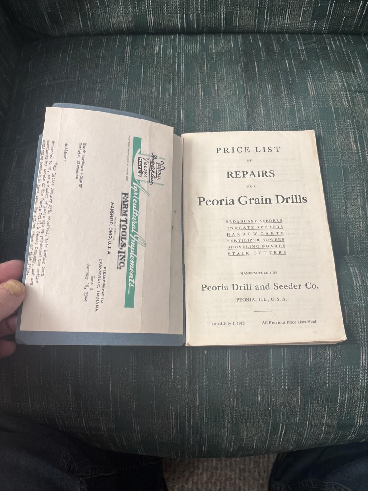 Vintage 1943 PEORIA Drill Seeder Co Farm Price List REPAIR CATALOG Illustrated