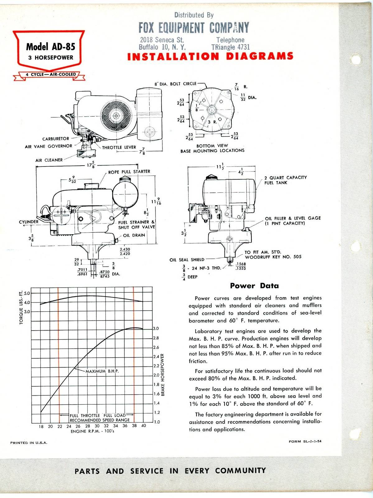 Continental Red Seal Air Cooled 3HP Engine model AD-85 1954 sales brochure
