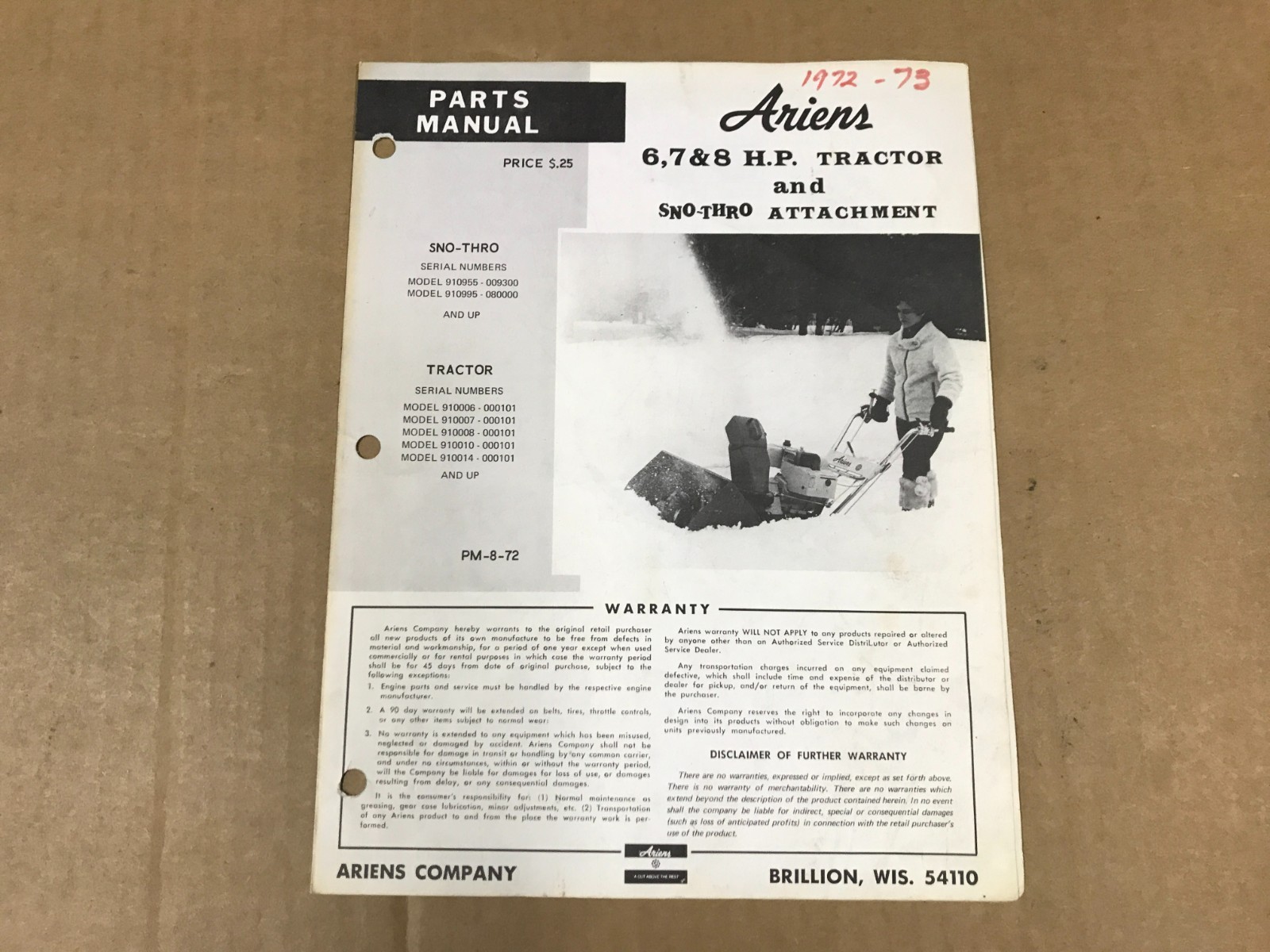 Vintage Ariens 6,7, & 8 HP Tractor & Sno-Thro Attachment Parts Manual