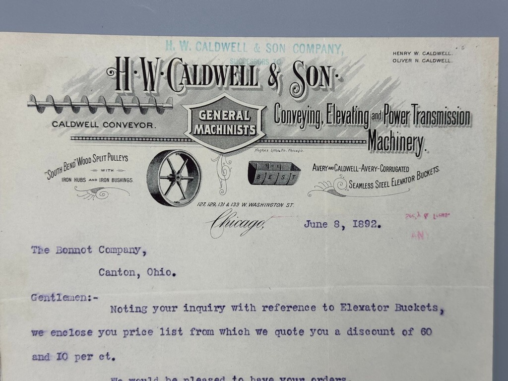 1892 H W Caldwell MACHINERY South Bend Pulley Antique Advertising Chicago Letter