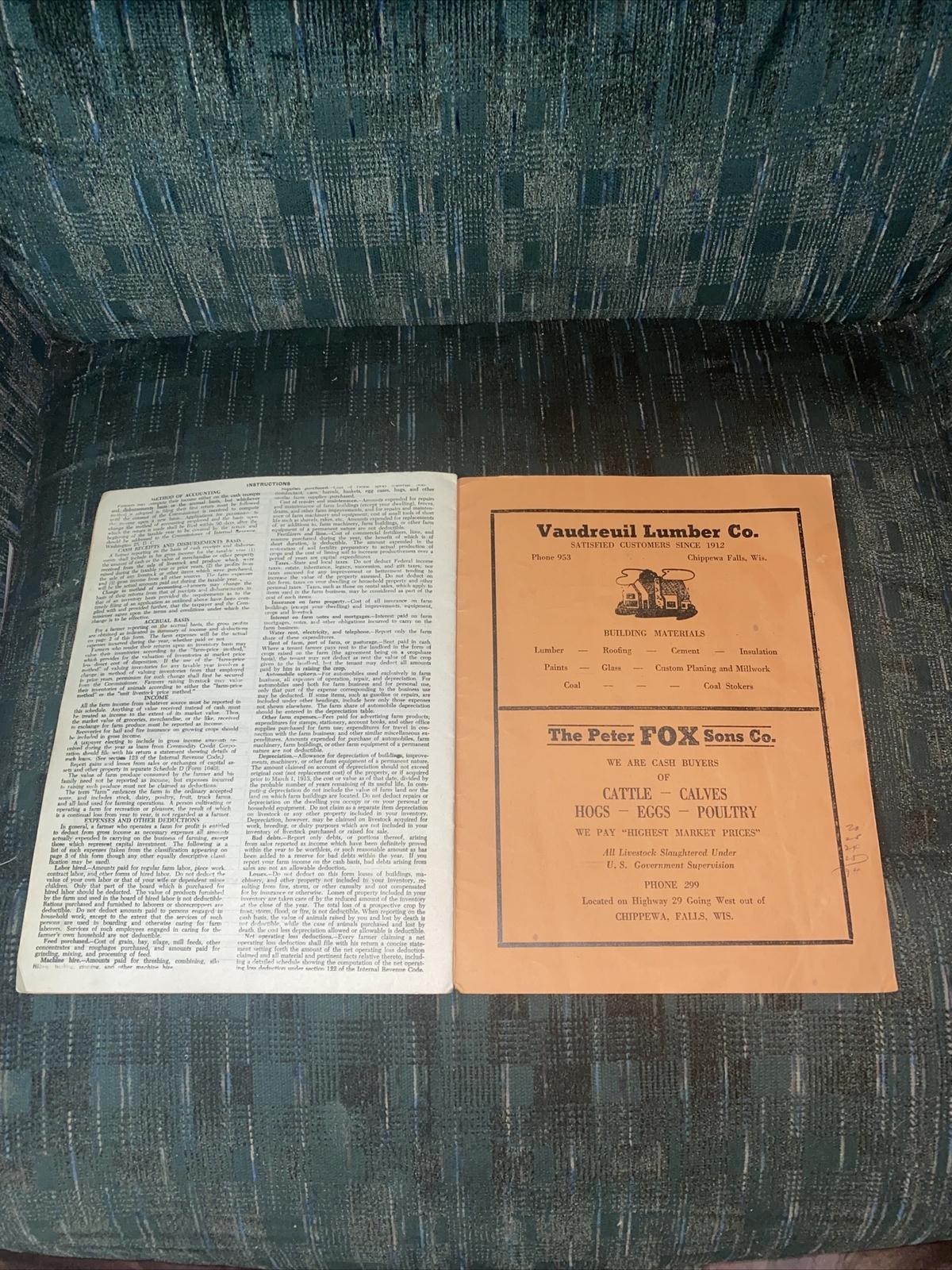 1949 Farm Record Income Tax Book Chippewa Falls Wisconsin First National Bank