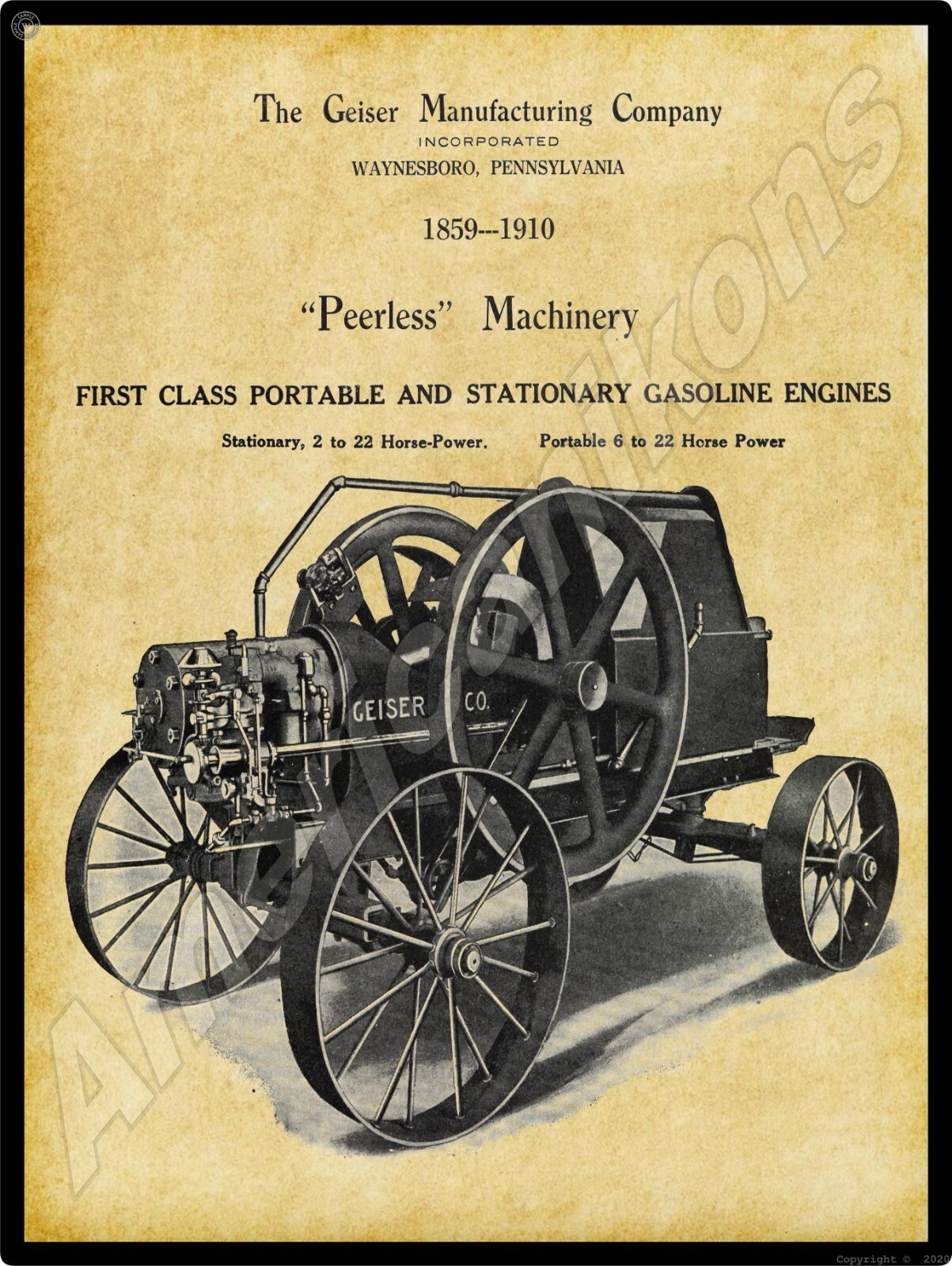 Geiser Manufacturing Co. New Metal Sign: Peerless Machinery Gas Engines