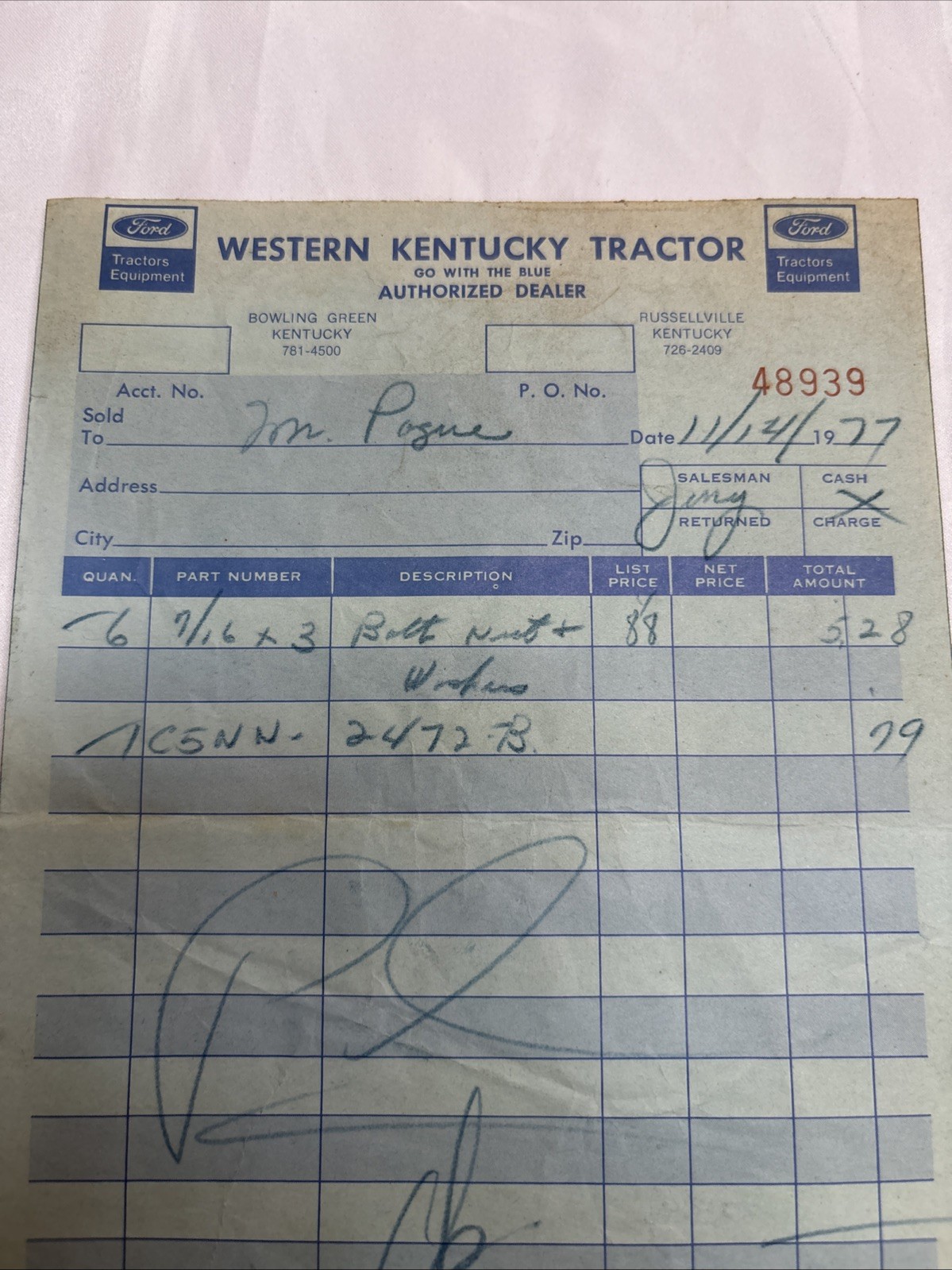Western Kentucky Ford Tractor receipt 1977 Bowling Green dealership Mr. Payne