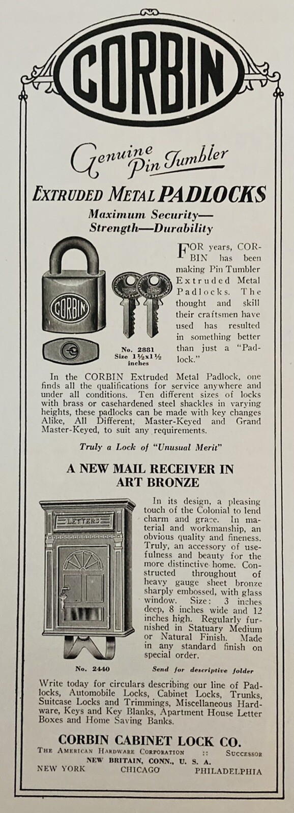 1929 AD(XH55)~CORBIN CABINET LOCK CO. NEW BRITAIN, CONN. ART BRONZE MAIL BOX