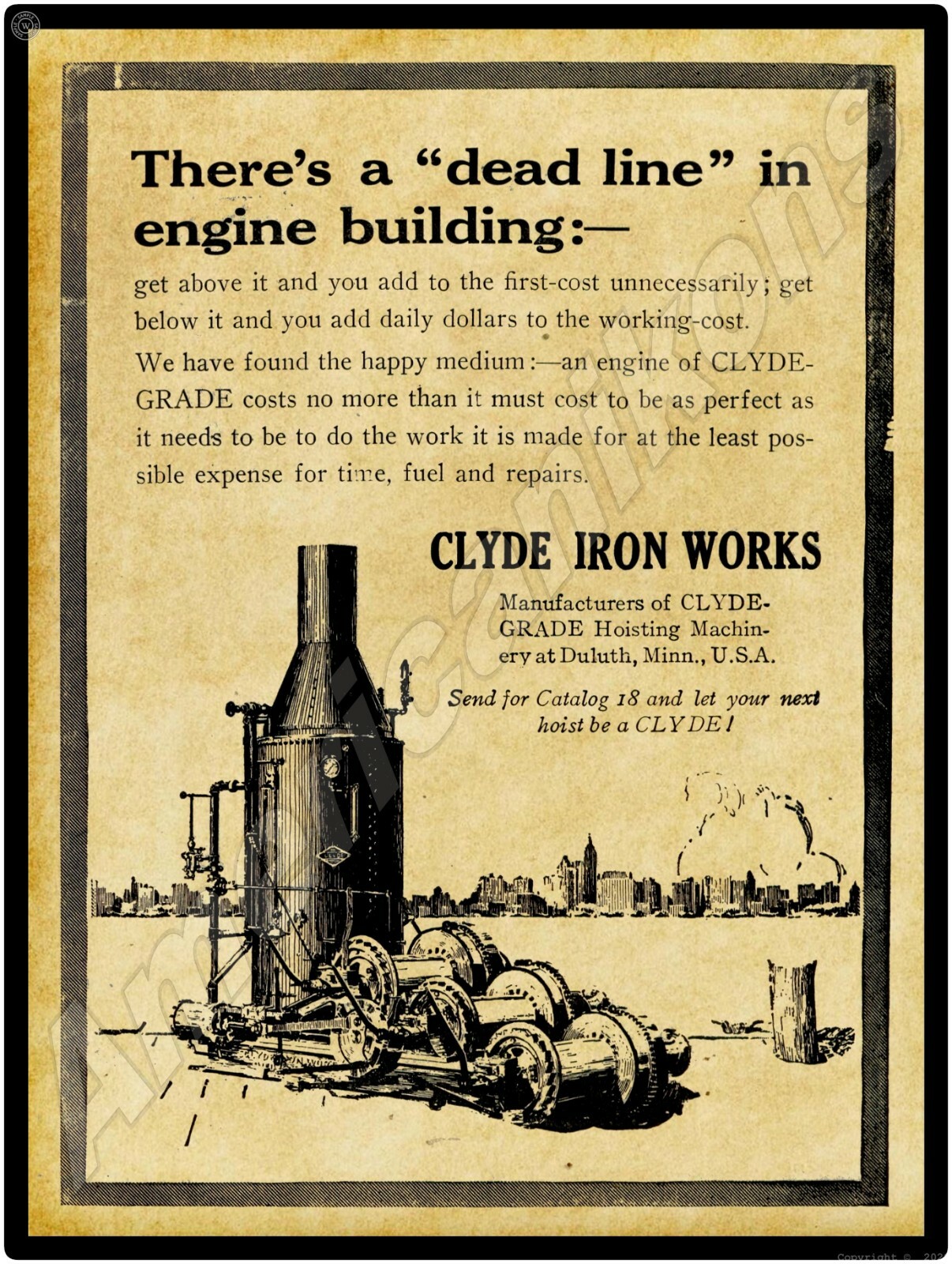 1913 Clyde Iron Works New Metal Sign: Hoisting Machinery – Duluth, Minnesota