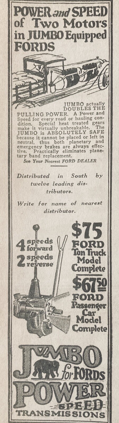 1924 AD.(XG7)~JUMBO EQUIPPED FORDS WITH POWER SPEED TRANSMISSIONS