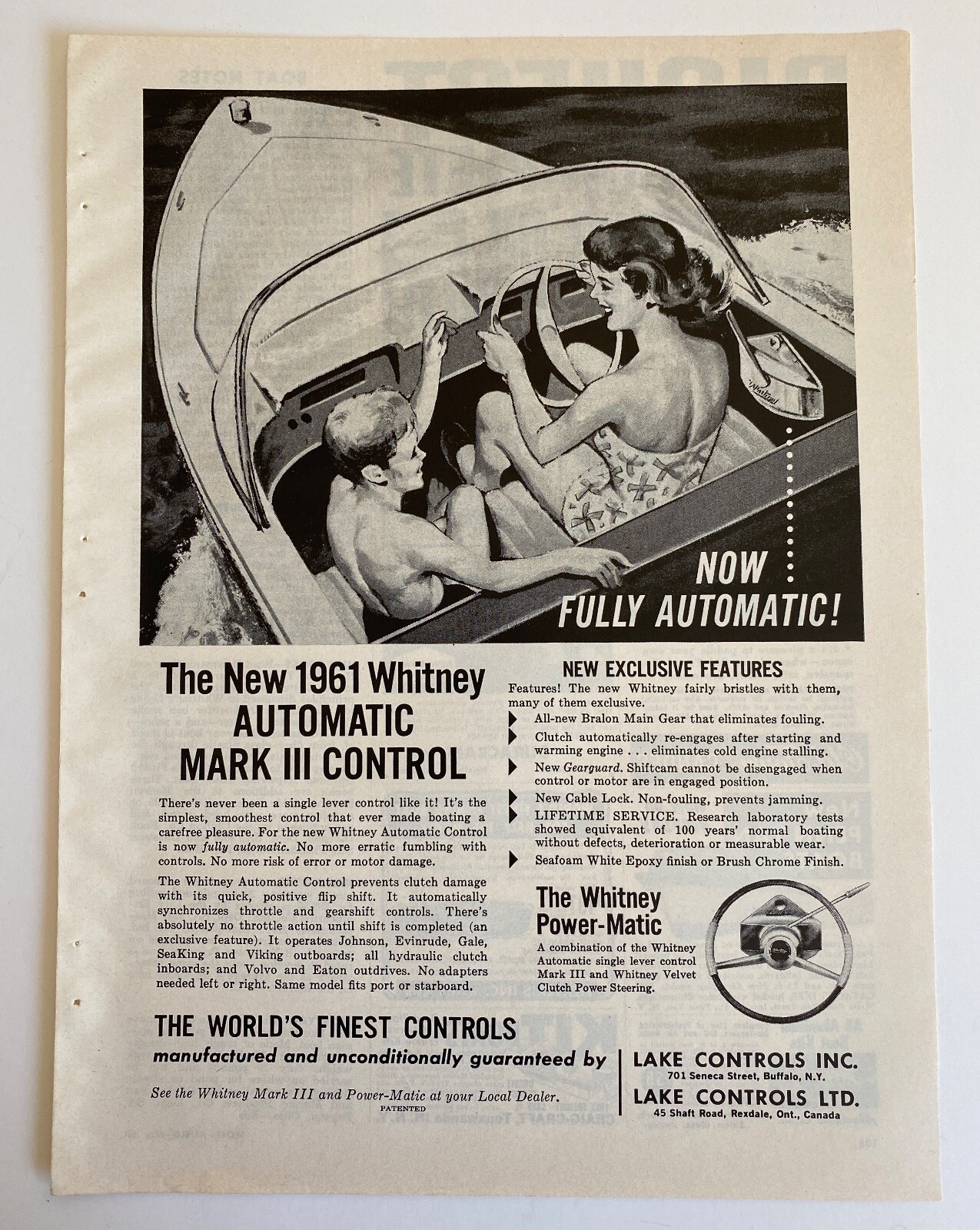 1961 The Whitney Auto-Matic Power Streering Wheel For Boats Clutch Print Ad