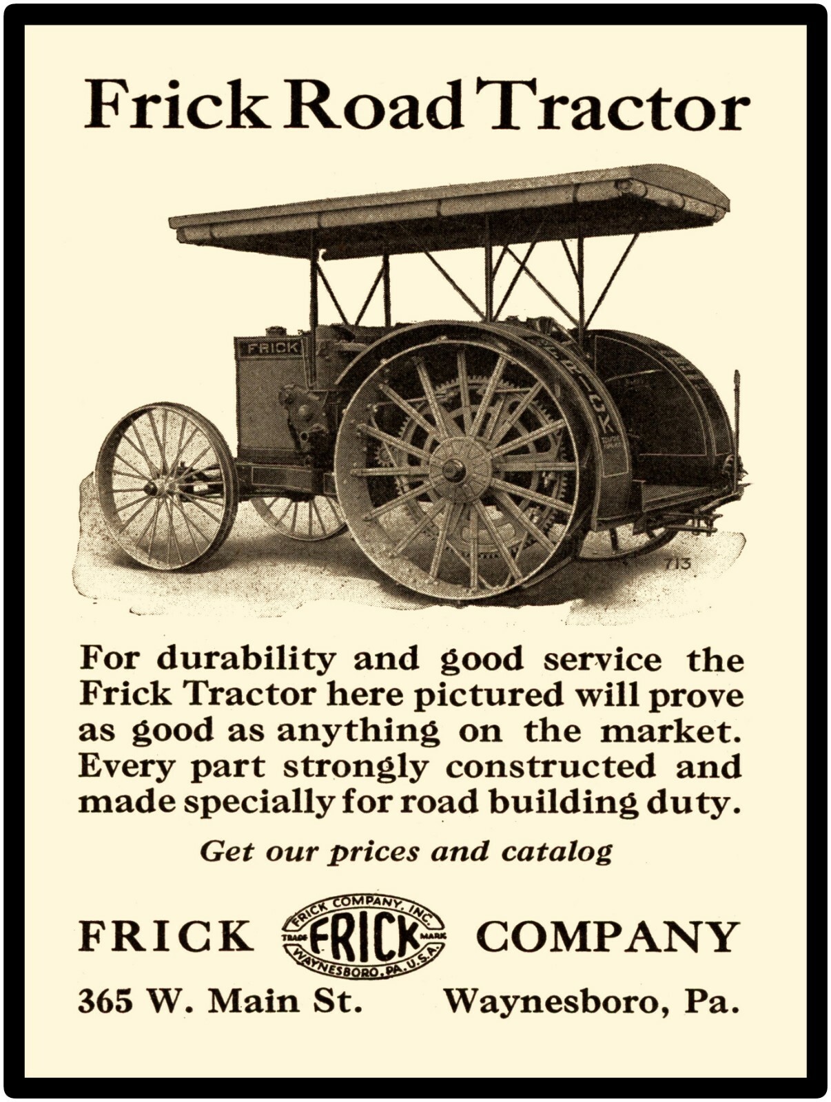 Frick Company Vintage Look New Metal Sign: Frick Road Tractor for Roadbuilding