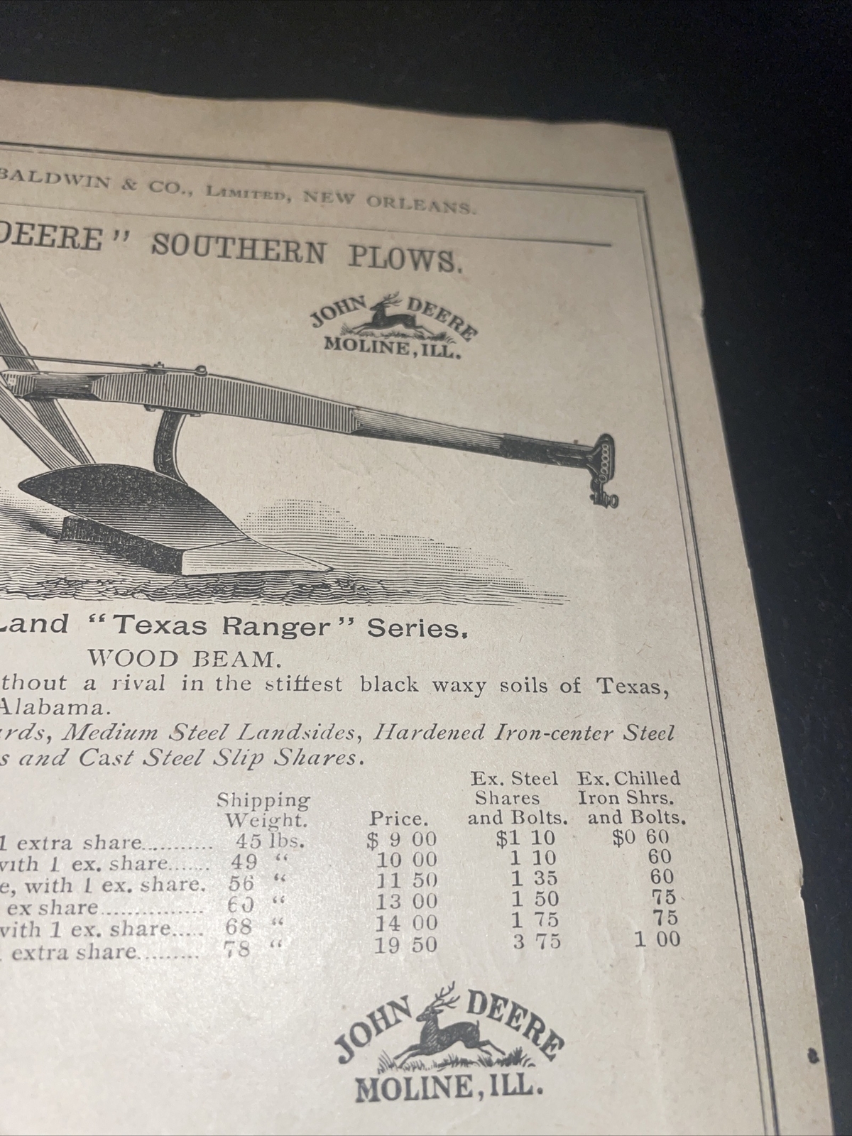 1891 Baldwin John Deere Texas Ranger Series Plow Farm Advertising – New Orleans