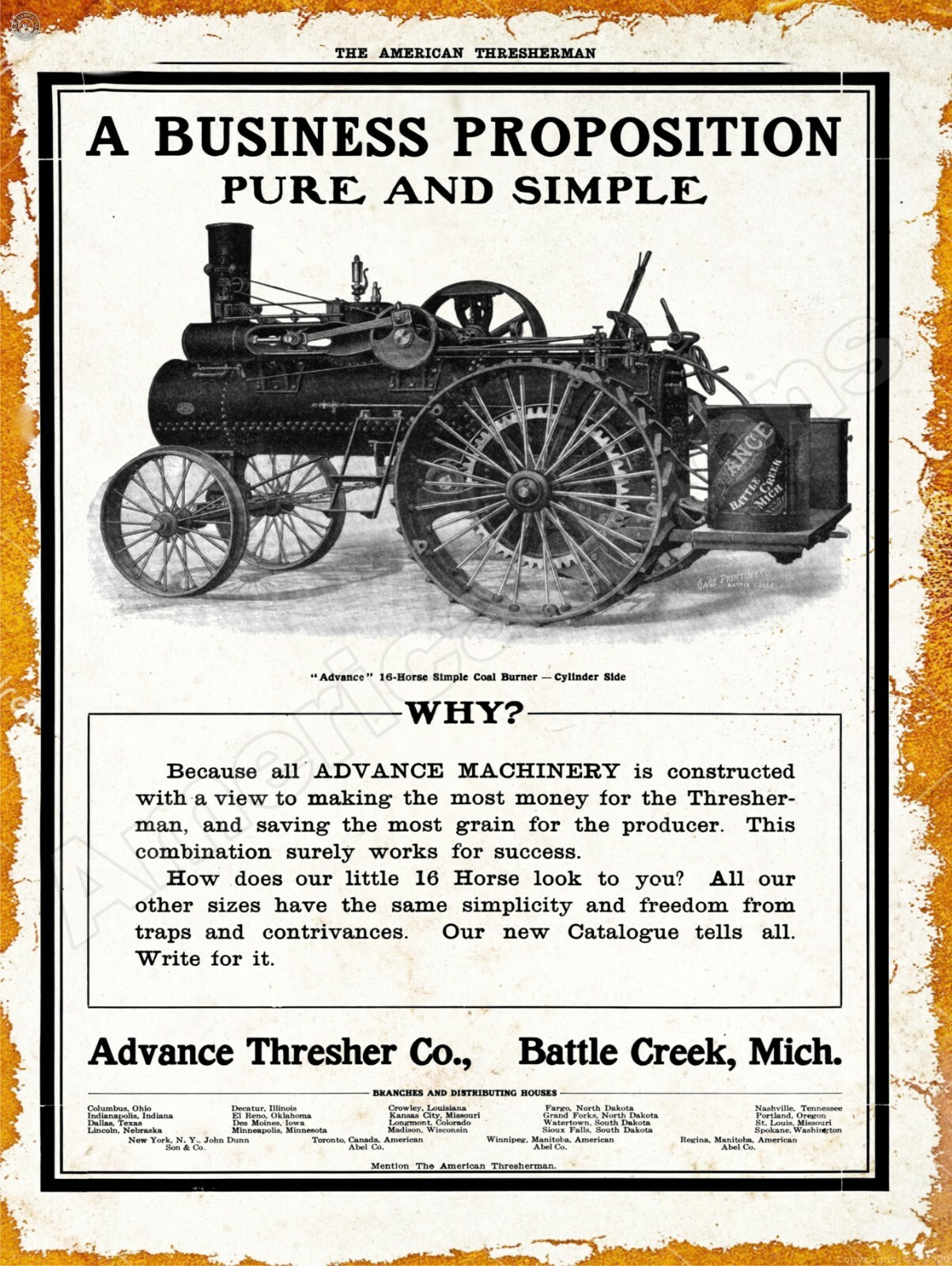 1908 Advance Coal Burner Traction Engine New Metal Sign: Battle Creek, Michigan