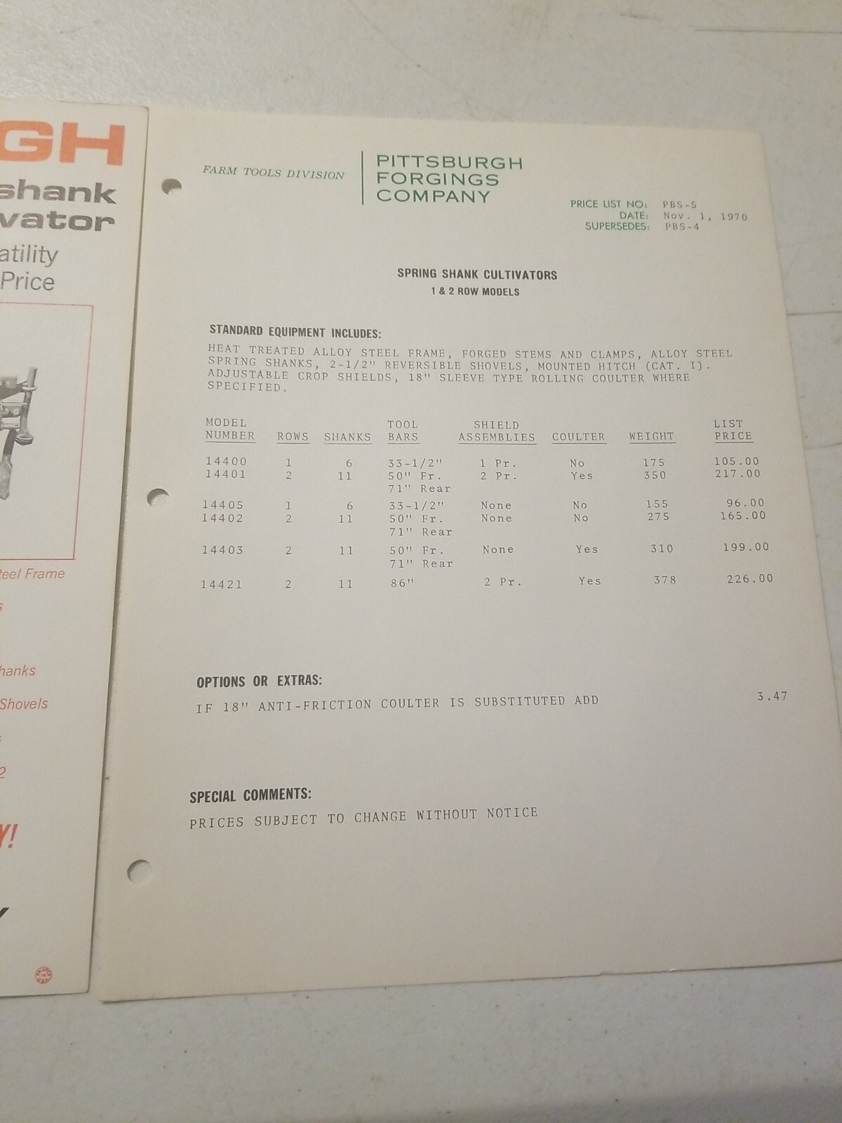 1970 PITTSBURGH FORGINGS CO. 1 ROW SPRING SHANK CULTIVATOR BROCHURE &PRICE LIST