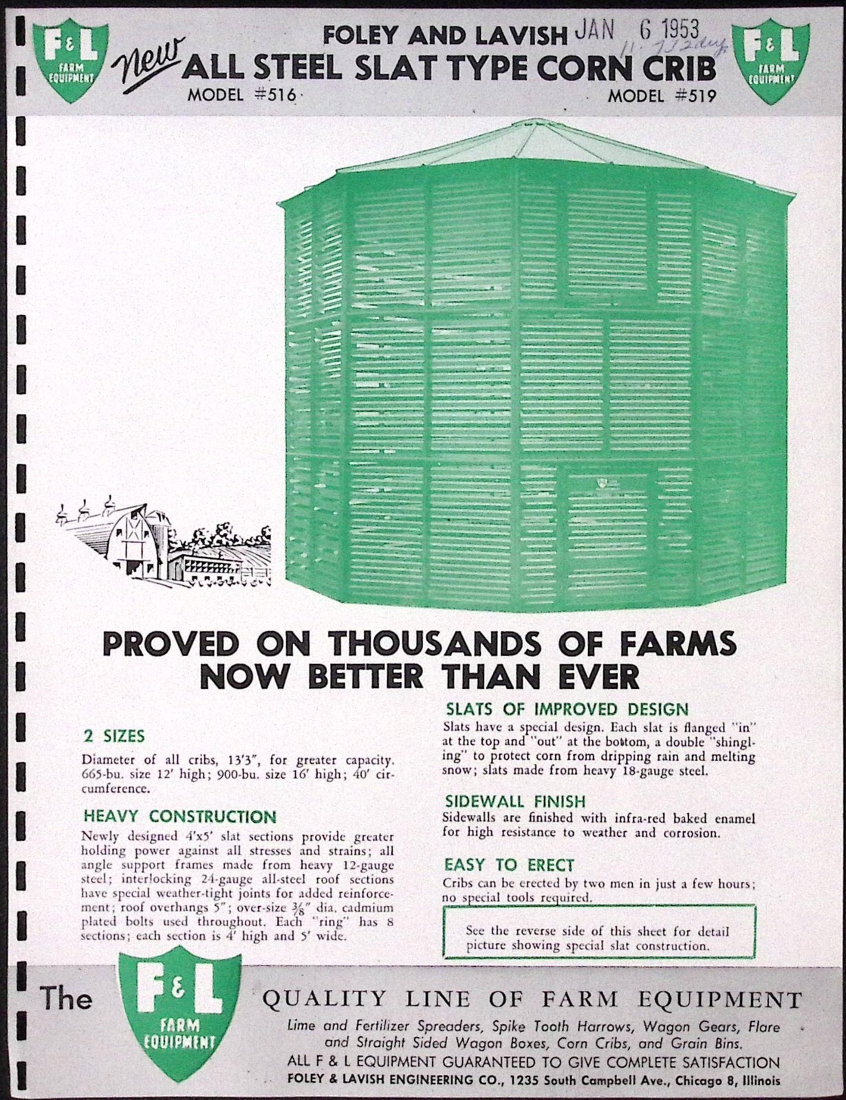 1953 Foley & Lavish All Steel Slat Type Corn Crib Model 519 Brochure Chicago IL