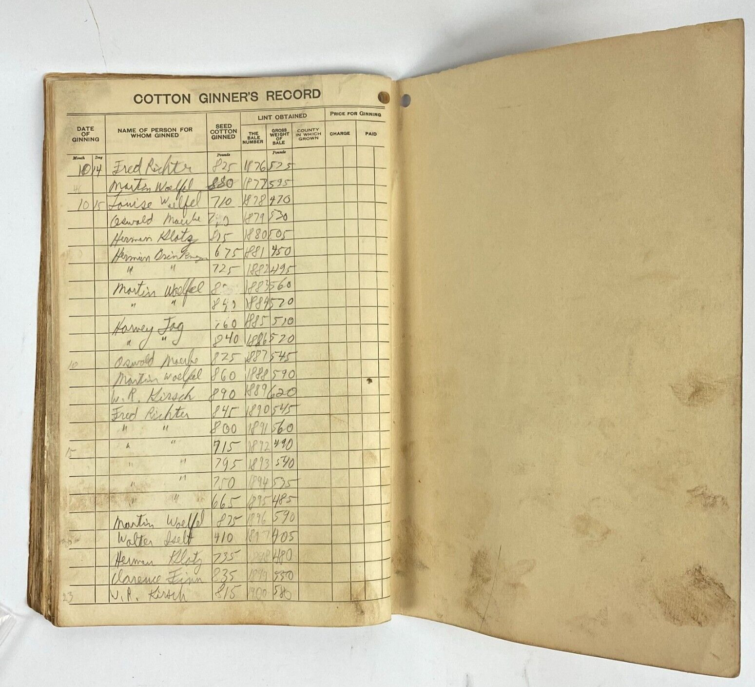 1950&rsquo;s Dept of Commerce Cotton Ginner&rsquo;s Record Book Filled Out Vintage