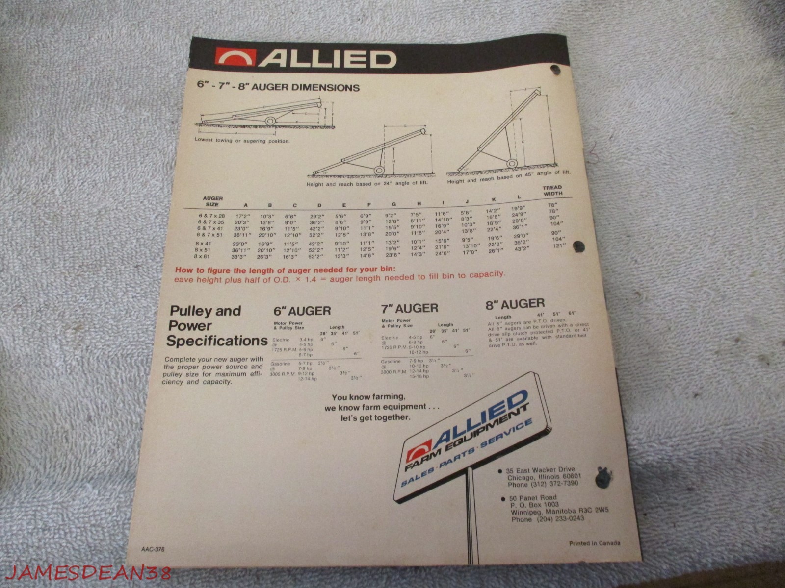 ALLIED GRAIN AUGERS DEALERS SALES BROCHURE PAMPHLET