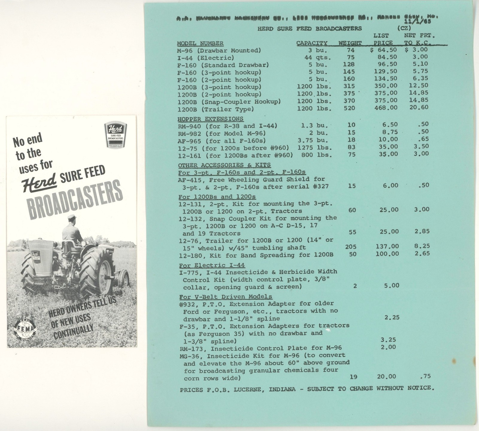 1965 Herd Sure Feed Farm Broadcaster Brochure Price List Dealer Farm Agriculture